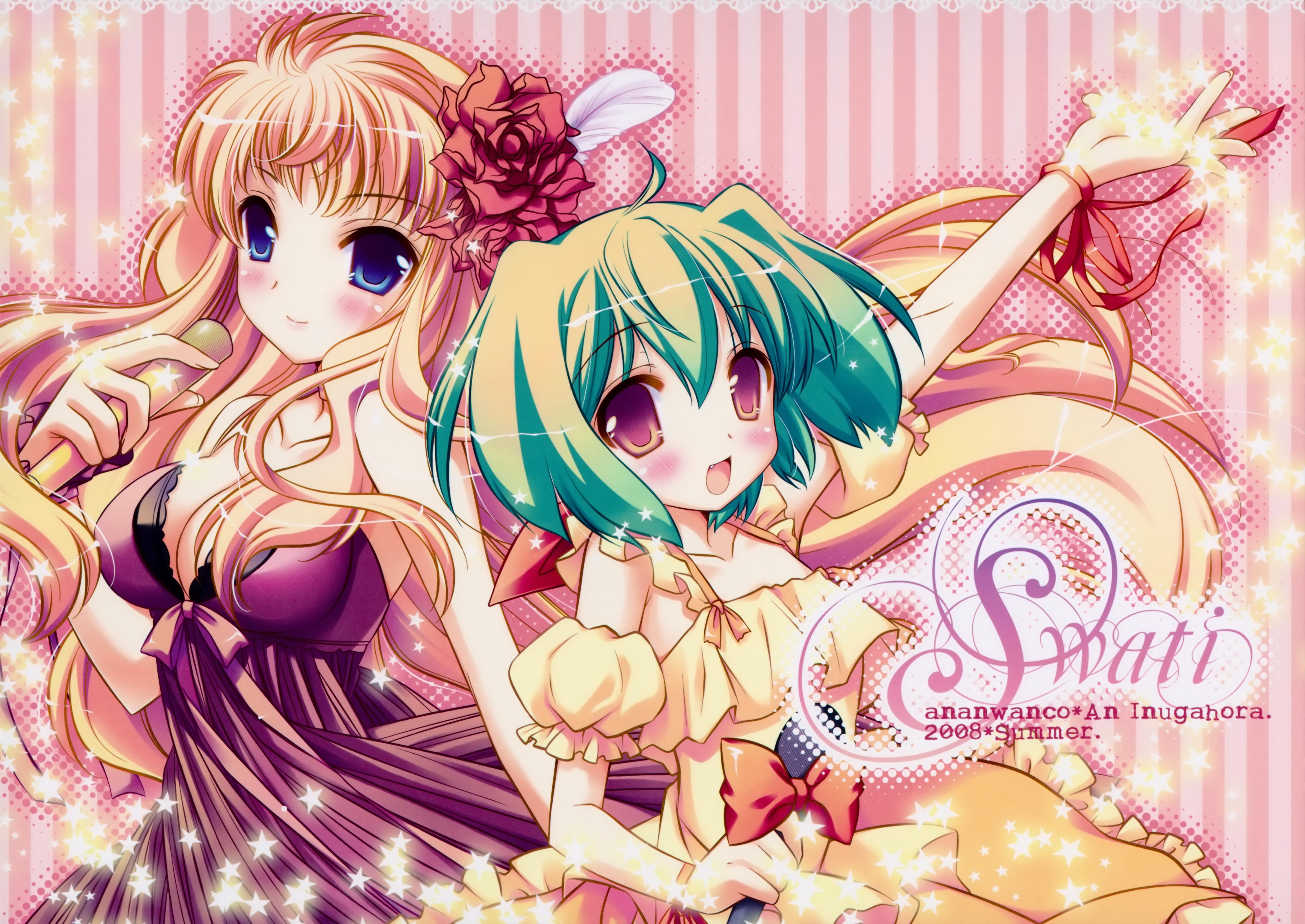 inugahora an, ranka lee, sheryl nome, macross, macross frontier, absurdres, highres, 00s, 2girls, blonde hair, blue eyes, blush, breasts, cleavage, dress, flower, green hair, long hair, medium breasts, microphone, multiple girls, red eyes, ribbon, short hair, smile