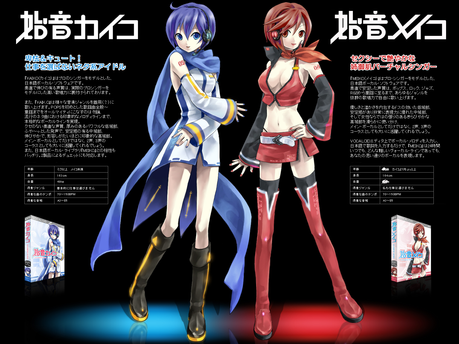 brian narita (sorbe), kaiko (vocaloid), kaito (vocaloid), meiko (vocaloid), sakine meiko, vocaloid, highres, 2girls, ascot, blue scarf, boots, breasts, cleavage, genderswap, genderswap (mtf), large breasts, multiple girls, official style, scarf, thigh boots, thighhighs