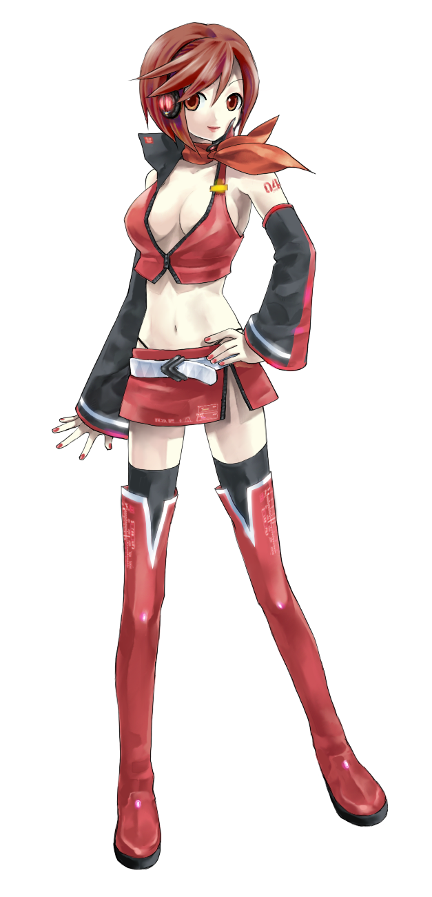 brian narita (sorbe), meiko (vocaloid), sakine meiko, vocaloid, highres, 1girl, ascot, boots, breasts, brown eyes, brown hair, cleavage, detached sleeves, female focus, full body, headphones, large breasts, midriff, miniskirt, nail polish, navel, official style, red nails, short hair, skirt, solo, thigh boots, thighhighs, transparent background, zettai ryouiki