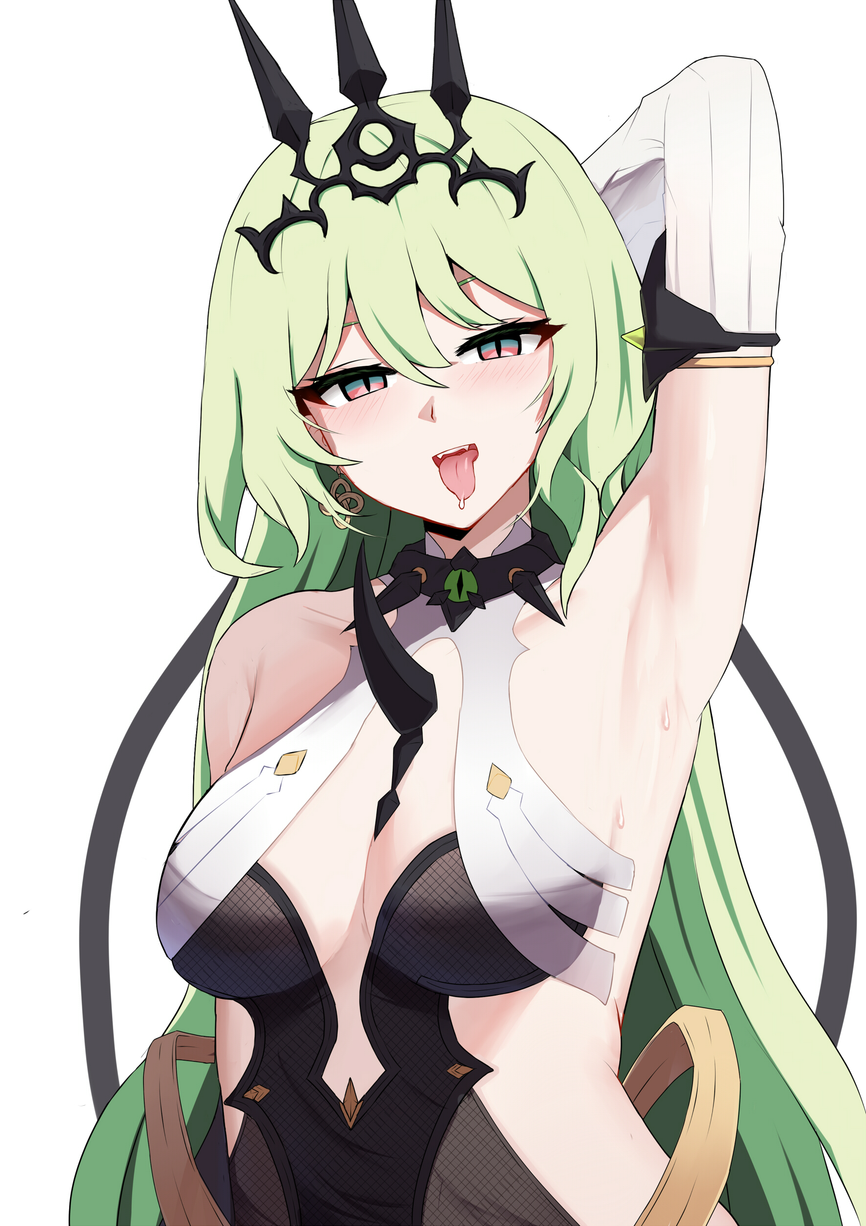 marin liekuriva, mobius (honkai impact), honkai (series), honkai impact 3rd, absurdres, commentary, highres, 1girl, arm behind head, armpits, bare shoulders, black dress, breasts, clothing cutout, dress, earrings, green hair, jewelry, large breasts, long hair, looking at viewer, revealing clothes, side cutout, simple background, slit pupils, solo, spikes, tongue, tongue out, very long hair, white background