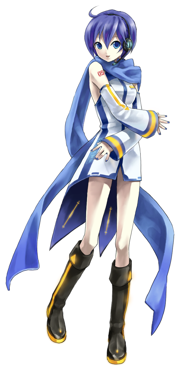 brian narita (sorbe), kaiko (vocaloid), kaito (vocaloid), vocaloid, highres, making-of available, 1girl, ahoge, blue eyes, blue hair, blue nails, blue scarf, boots, detached sleeves, female focus, full body, genderswap, genderswap (mtf), long legs, matching hair/eyes, nail polish, official style, scarf, solo, standing, transparent background, white background