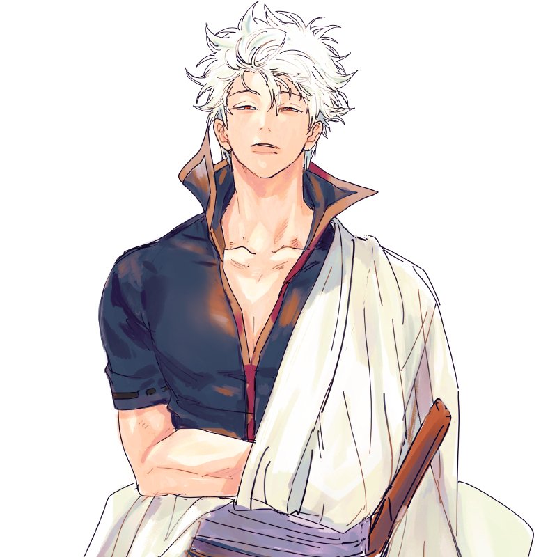 sakata gintoki, gintama, 1boy, asymmetrical clothes, black shirt, closed mouth, collarbone, cowboy shot, hadanugi dousa, lips, male focus, mamori no0914, narrowed eyes, open kimono, popped collar, red trim, shirt, short hair, simple background, solo, sword, upper body, weapon, white background, white hair, wooden sword