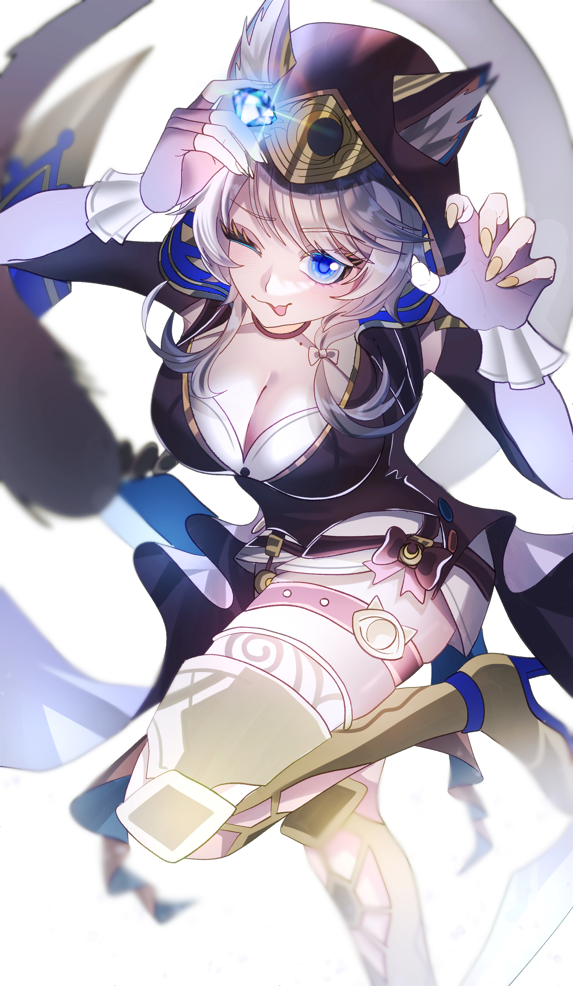 oekakidekinai1, cipher (honkai: star rail), honkai: star rail, honkai (series), absurdres, highres, 1girl, :p, animal ears, black gloves, blue eyes, blue gemstone, blush, braid, breasts, cat ears, cat girl, cat tail, claw pose, cleavage, closed mouth, collarbone, fingerless gloves, gem, glint, gloves, grey hair, hair ornament, holding, holding gem, long hair, looking at viewer, medium breasts, mole, mole on collarbone, one eye closed, side braid, smile, solo, tail, thigh strap, tongue, tongue out, yellow nails