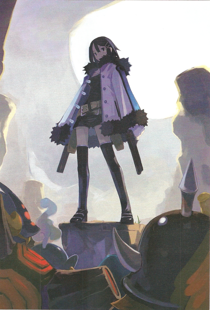 harada takehito, asagiri asagi, disgaea, makai senki disgaea 2, makai senki disgaea 3, nippon ichi, 1girl, belt, boots, coat, female focus, fur coat, gun, hair ornament, hairclip, hood, hooded jacket, horns, jacket, solo, spikes, thigh boots, thighhighs, weapon
