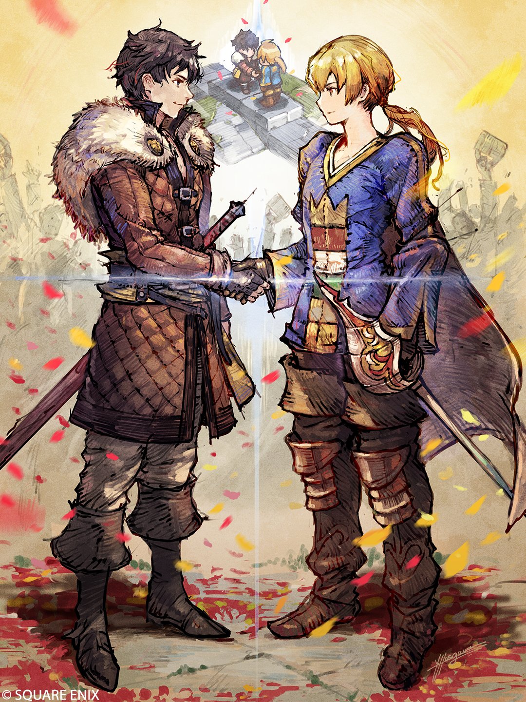 yasushi hasegawa, ramza beoulve, serenoa wolffort, final fantasy, final fantasy tactics, square enix, triangle strategy, commentary, english commentary, highres, official art, textless version, 2boys, autumn leaves, black hair, blonde hair, boots, brown boots, brown eyes, cape, chibi, company connection, crossover, eye contact, fingerless gloves, gloves, handshake, holding hands, leaf, lens flare, looking at another, multiple boys, pelt, ponytail, smile, sword, weapon
