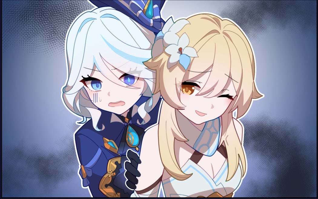 soku (bluerule-graypray), furina (genshin impact), lumine (genshin impact), genshin impact, commentary request, 2girls, ascot, bare shoulders, black gloves, blonde hair, blue ascot, blue eyes, blue gemstone, blue pupils, blue streaks, breasts, cleavage, drop-shaped pupils, flower, gem, gloves, hair between eyes, hair flower, hair ornament, hand on another's shoulder, heterochromia, medium breasts, multiple girls, one eye closed, parted lips, short hair with long locks, symbol-shaped pupils, upper body, white flower, white hair, yellow eyes