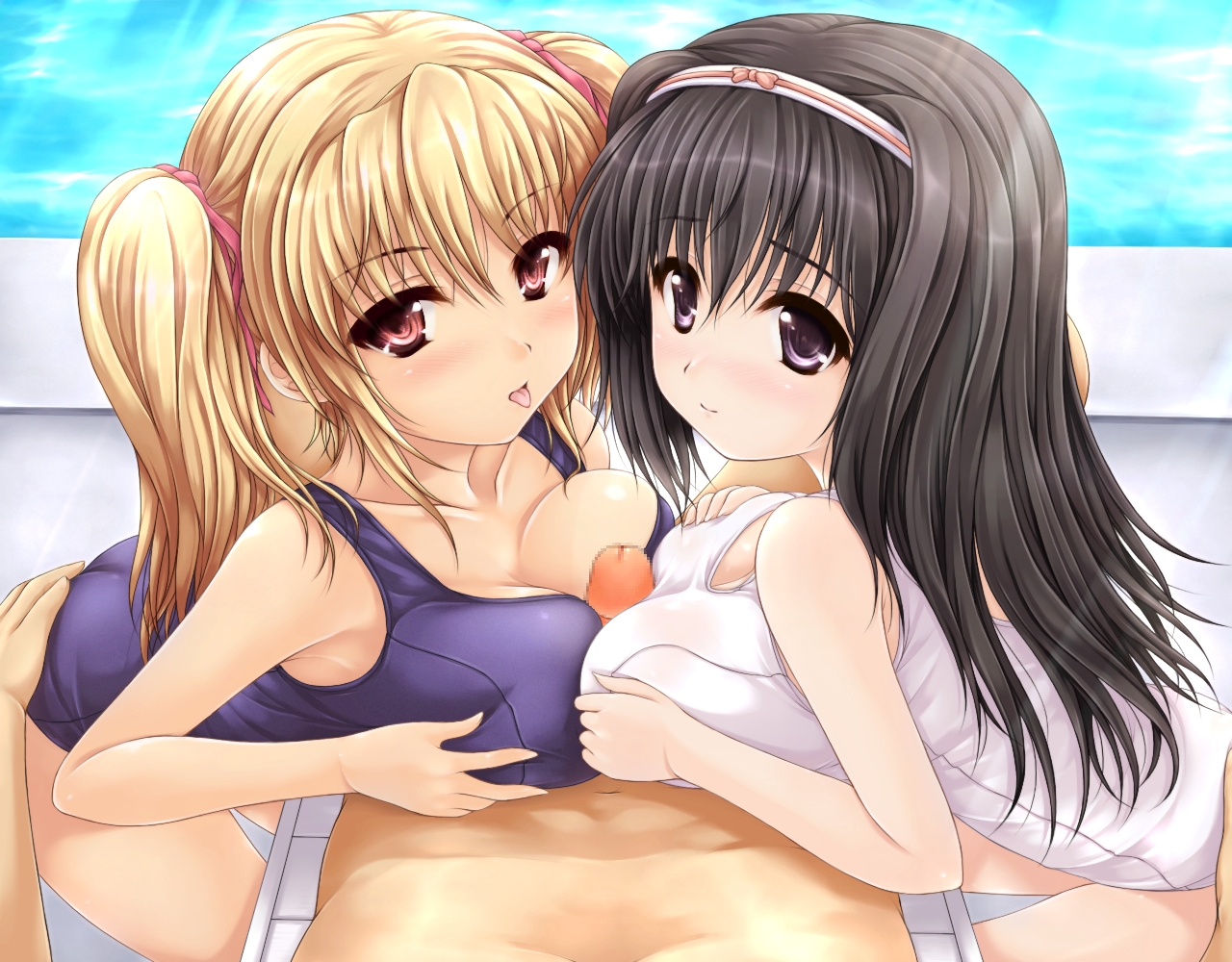 uni8, 1boy, 2girls, :p, ass, black hair, blonde hair, blush, breast press, breast rest, breasts, censored, cooperative paizuri, grabbing another's ass, groping, hair ribbon, hairband, large breasts, long hair, multiple girls, old school swimsuit, one-piece swimsuit, paizuri, paizuri over clothes, penis, pink eyes, pool, pov, purple eyes, red eyes, ribbon, school swimsuit, smile, swimsuit, symmetrical docking, teamwork, teamwork (sexual), tongue, tongue out, twintails, white one-piece swimsuit, white school swimsuit