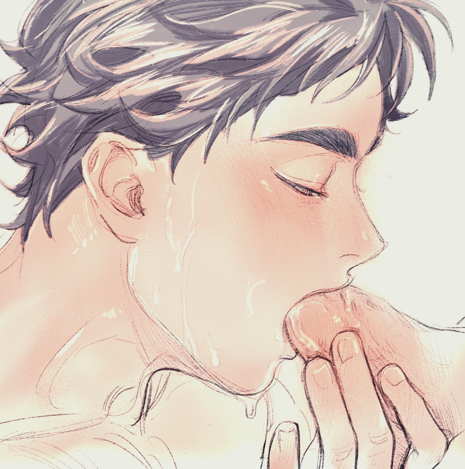 koukiki9, akaashi keiji, bokuto koutarou, haikyuu!!, commentary request, highres, 2boys, black hair, blush, closed eyes, fellatio, fingernails, from side, male focus, multiple boys, oral, penis, portrait, short hair, simple background, sweat, white background, yaoi