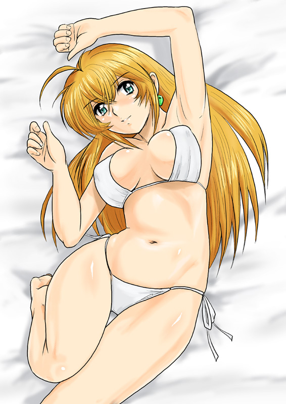 shu-z, sonsaku hakufu, ikkitousen, 00s, 1girl, armpits, arms up, bad anatomy, bad leg, barefoot, bikini, blonde hair, female focus, lying, on back, poorly drawn, shiny skin, side-tie bikini bottom, solo, swimsuit, white bikini