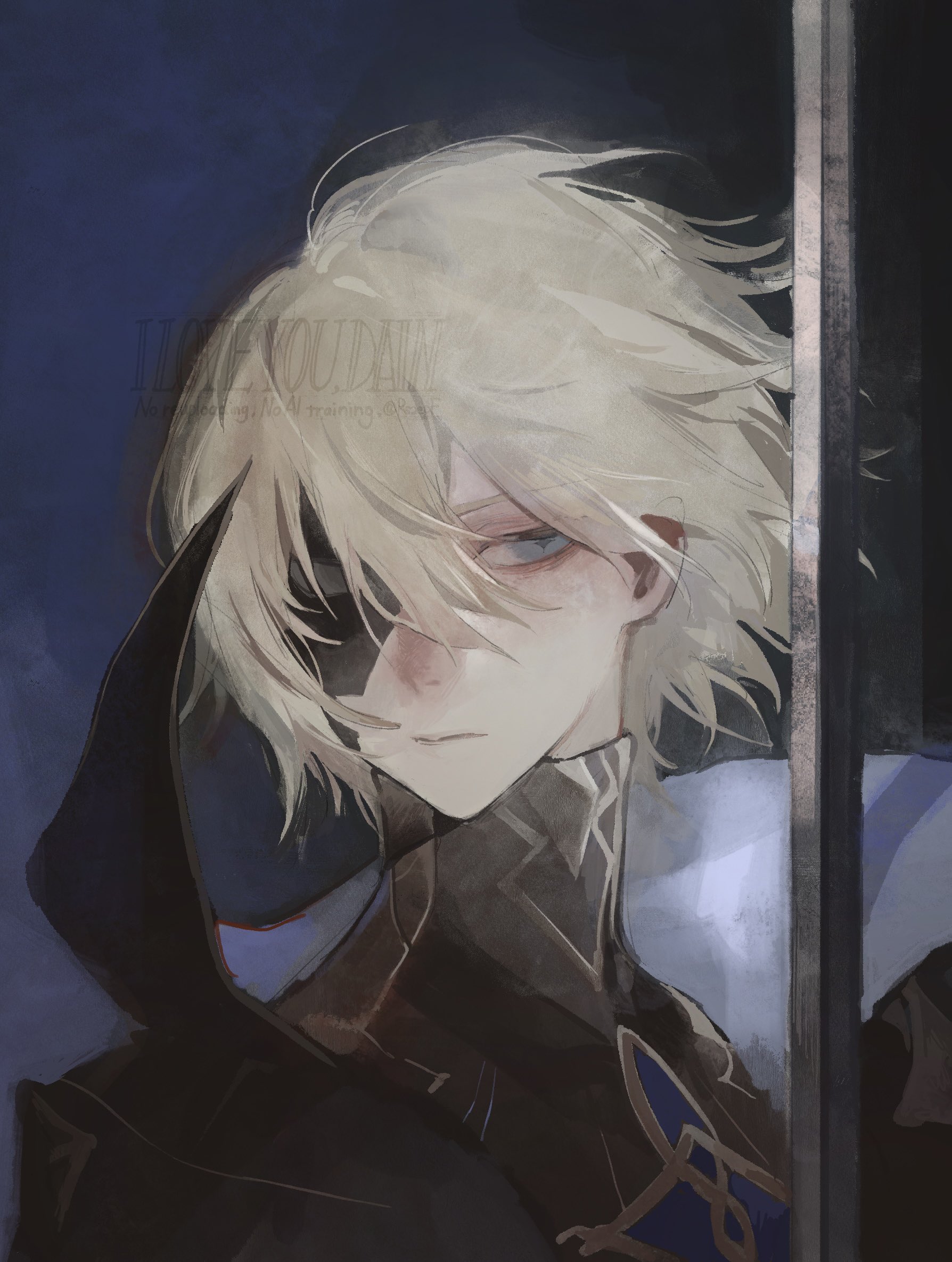 kaimochi0839, dainsleif (genshin impact), genshin impact, highres, 1boy, :|, black mask, blonde hair, blue eyes, closed mouth, diamond-shaped pupils, diamond (shape), hair between eyes, half mask, long neck, looking to the side, mask, mystical high collar, parted bangs, parted hair, portrait, sideways glance, sword, symbol-shaped pupils, watermark, weapon