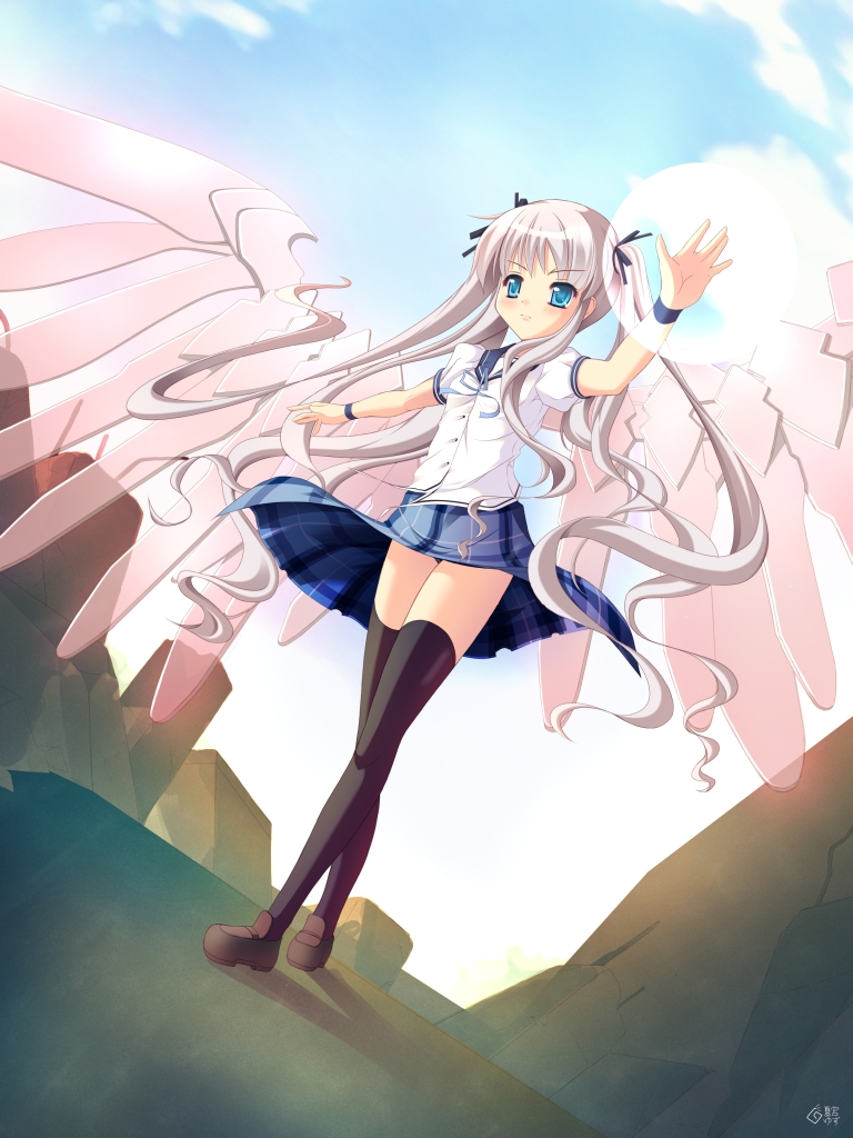 natsumiya yuzu, ao no yume, original, light purple hair, blue eyes, long hair, school uniform, solo, thighhighs, twintails, very long hair, wind, wind lift, wings, zettai ryouiki