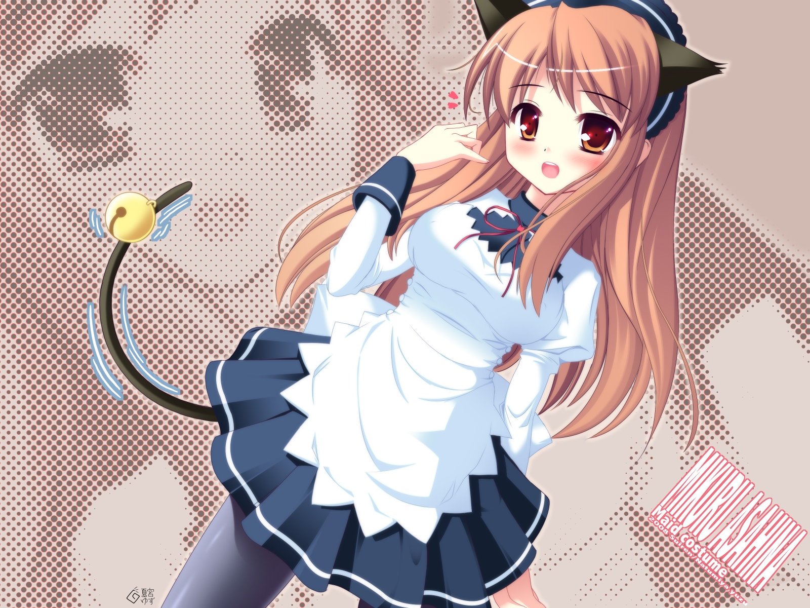 natsumiya yuzu, asahina mikuru, suzumiya haruhi no yuuutsu, highres, 00s, 1girl, animal ears, cat ears, cat girl, cat tail, female focus, looking at viewer, pantyhose, solo, tail, waitress