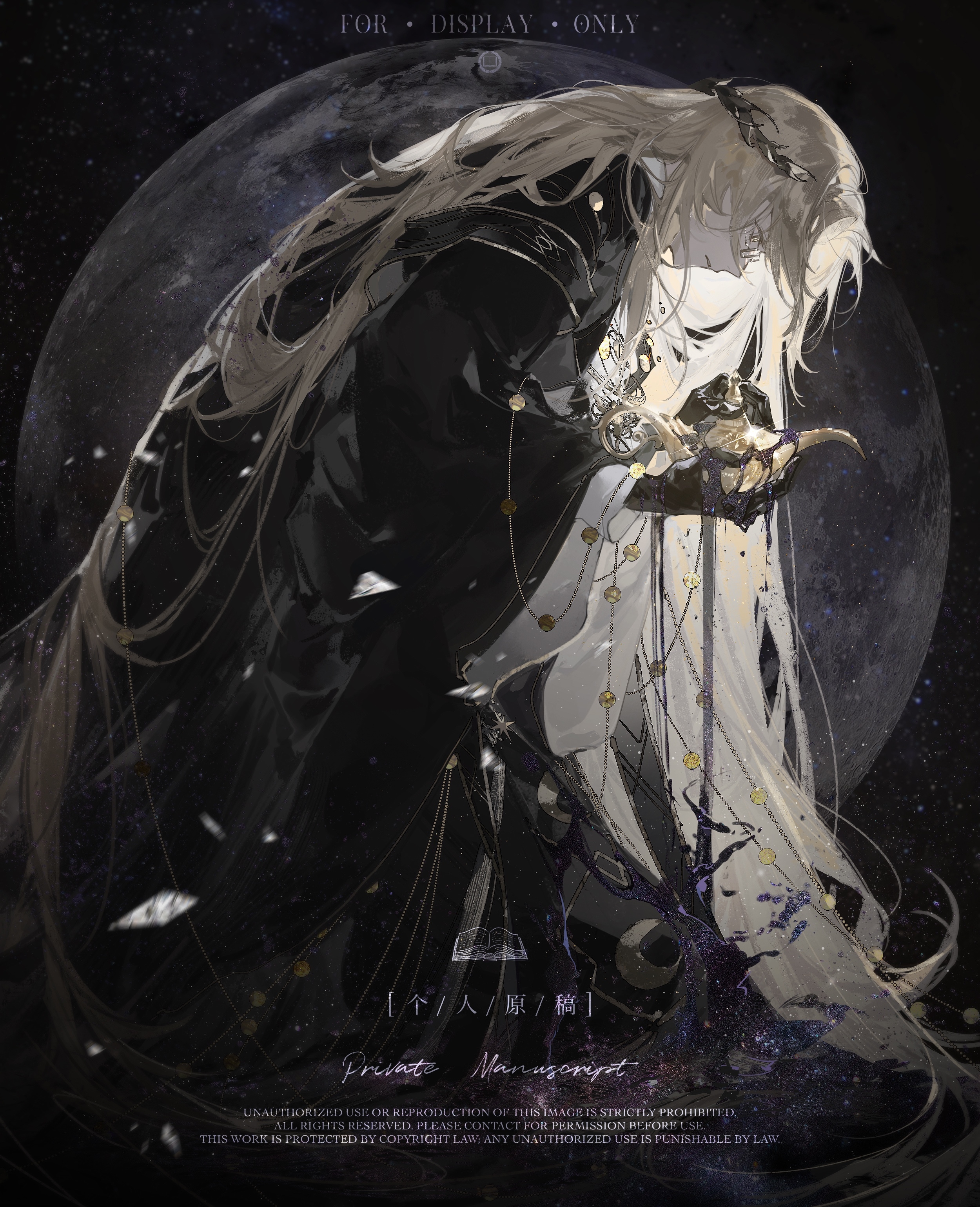 lord of the mysteries, absurdres, artist request, chinese commentary, commission, highres, second-party source, 1boy, ascot, black background, black gloves, black liquid, black robe, blonde hair, chain, crescent print, curtained hair, feet out of frame, full moon, glasses, gloves, gold necklace, holding lamp, jewelry, kneeling, laurel crown, long hair, long sleeves, looking at object, looking down, male focus, moon, necklace, oil lamp, parted lips, rectangular eyewear, robe, shards, shirt, solo, trunsoest (lord of the mysteries), very long hair, watermark, white ascot, white shirt, wide-eyed, wide sleeves, yellow eyes