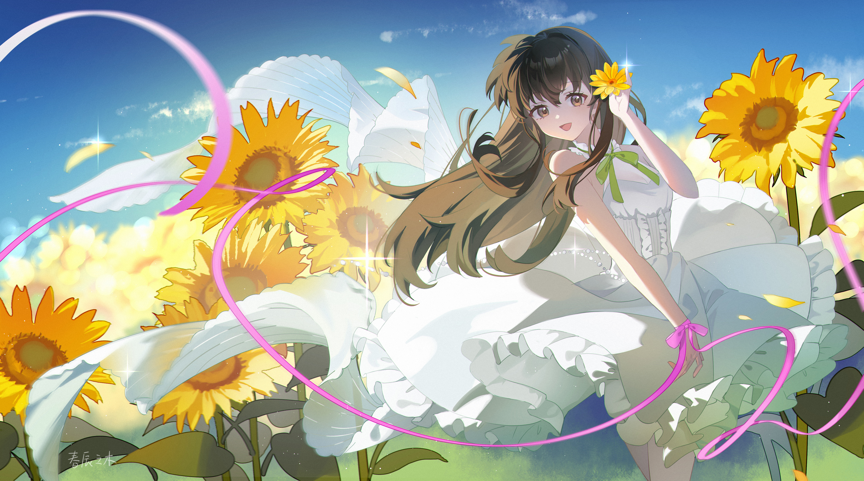 harutatsunoki, higurashi kagome, inuyasha, highres, 1girl, :d, alternate costume, black hair, bow, brown eyes, dress, field, flower, flower field, green bow, long hair, looking at viewer, open mouth, pink bow, sidelocks, sleeveless, sleeveless dress, smile, solo, sunflower, white dress, wrist bow