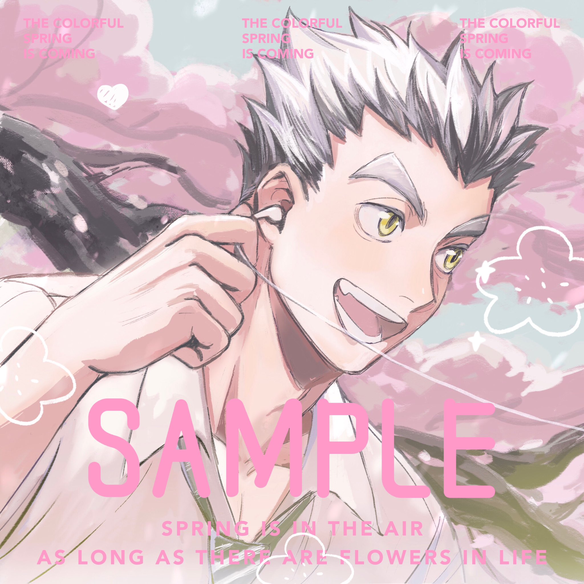 koukiki9, bokuto koutarou, haikyuu!!, highres, 1boy, black hair, cherry blossoms, collared shirt, diagonal-striped clothes, diagonal-striped necktie, earphones, english text, fangs, looking to the side, male focus, necktie, shirt, short hair, smile, solo, striped clothes, teeth, white hair, white shirt, yellow eyes