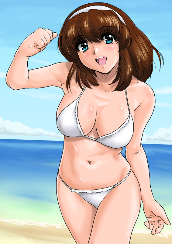 shu-z, hitomi (doa), dead or alive, tecmo, 1girl, beach, bikini, blue eyes, blue sky, breasts, brown hair, cloud, day, female focus, hairband, horizon, large breasts, navel, open mouth, outdoors, shiny skin, sky, solo, swimsuit, water, white bikini