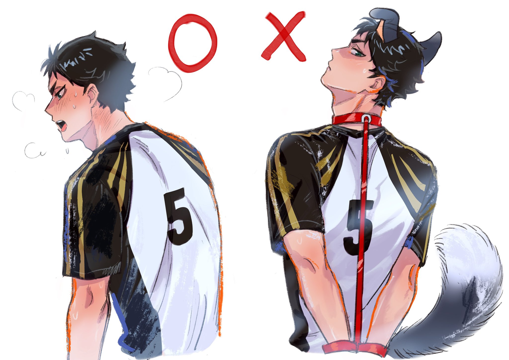 koukiki9, akaashi keiji, haikyuu!!, commentary, highres, symbol-only commentary, 1boy, adam's apple, animal ears, arms behind back, black hair, blue eyes, cropped torso, from behind, fukurodani volleyball uniform, looking at viewer, male focus, meme request, puff of air, short hair, simple background, tail, upper body, white background