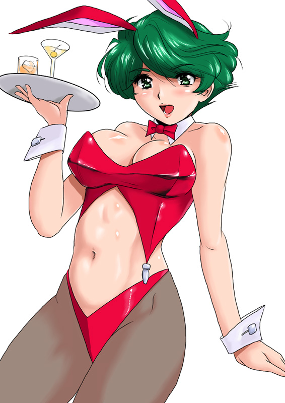 shu-z, aya kobayashi, banpresto, super robot wars, 1girl, animal ears, breasts, fake animal ears, female focus, large breasts, navel, pantyhose, playboy bunny, rabbit ears, shiny skin, solo