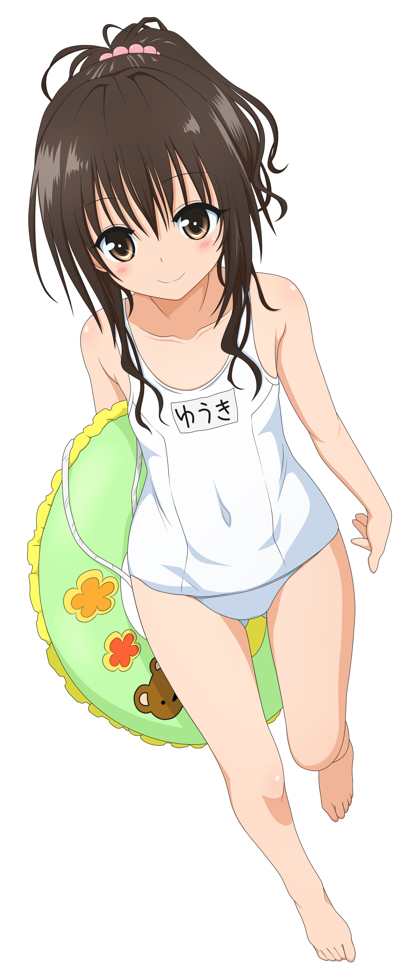 shige (moe-ren.net), yabuki kentarou, yuuki mikan, to love-ru, to love-ru darkness, absurdres, colorized, derivative work, highres, official art, vector trace, 1girl, barefoot, blush, breasts, brown eyes, brown hair, covered navel, facing viewer, full body, hair bobbles, hair ornament, innertube, long hair, looking at viewer, one-piece swimsuit, petite, ponytail, school swimsuit, small breasts, smile, solo, swim ring, swimsuit, transparent background, walking, white one-piece swimsuit