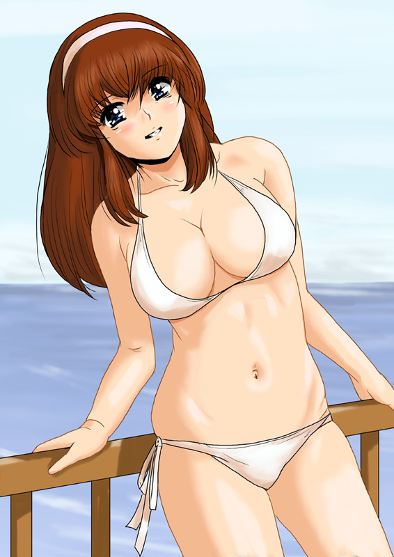 shu-z, hitomi (doa), dead or alive, tecmo, 1girl, bikini, day, female focus, shiny skin, solo, swimsuit, white bikini