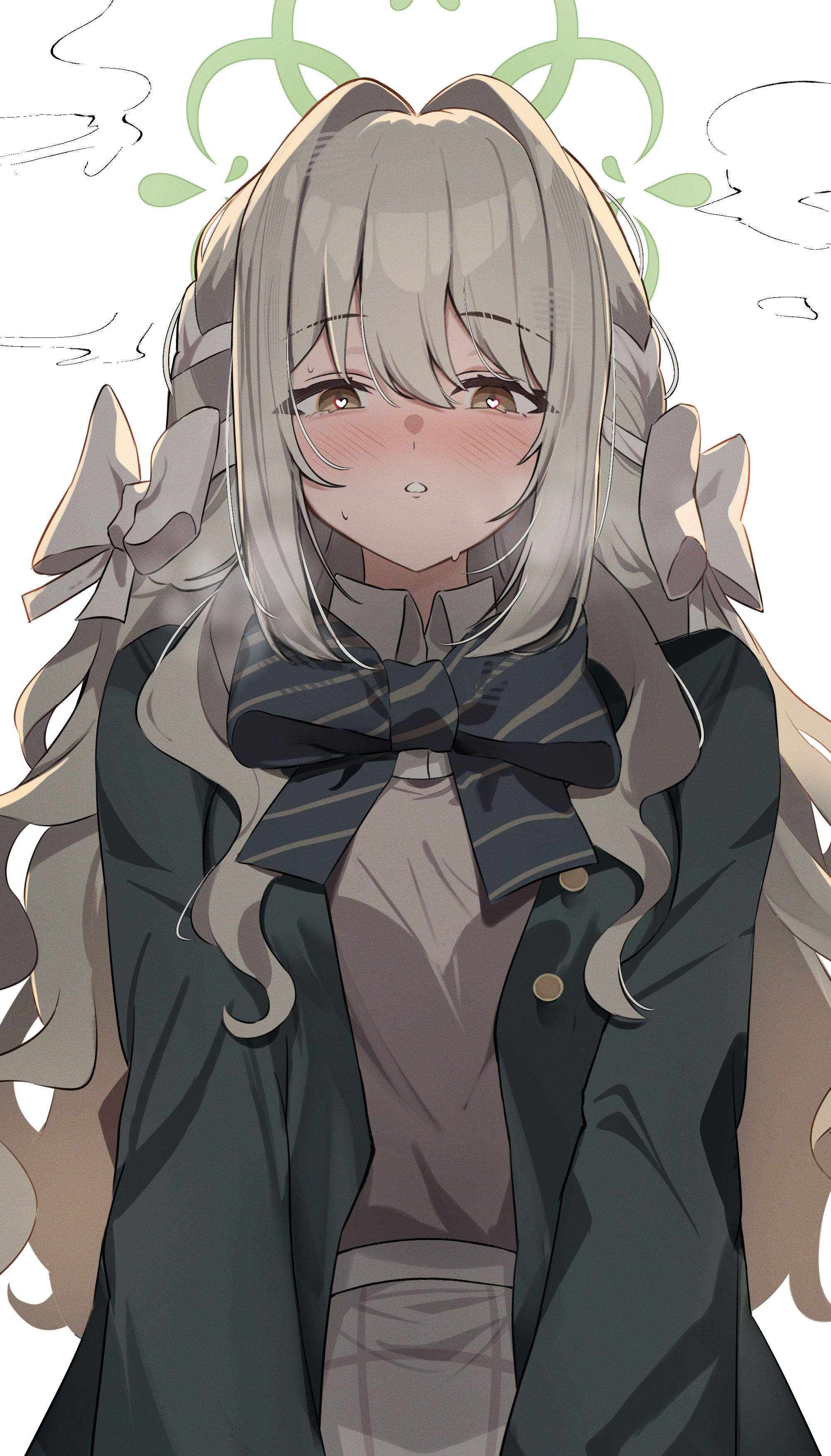 kaedemaru, miyo (blue archive), blue archive, absurdres, commentary request, highres, 1girl, blush, bow, bowtie, braid, breasts, brown eyes, choppy bangs, diagonal-striped bow, diagonal-striped bowtie, diagonal-striped clothes, green bow, green bowtie, green halo, green jacket, grey hair, hair between eyes, hair bow, hair ribbon, halo, heart, heart-shaped pupils, jacket, large breasts, long hair, long sleeves, looking at viewer, ribbon, ribbon braid, shirt, solo, striped bow, striped bowtie, striped clothes, symbol-shaped pupils, very long hair, white bow, white shirt