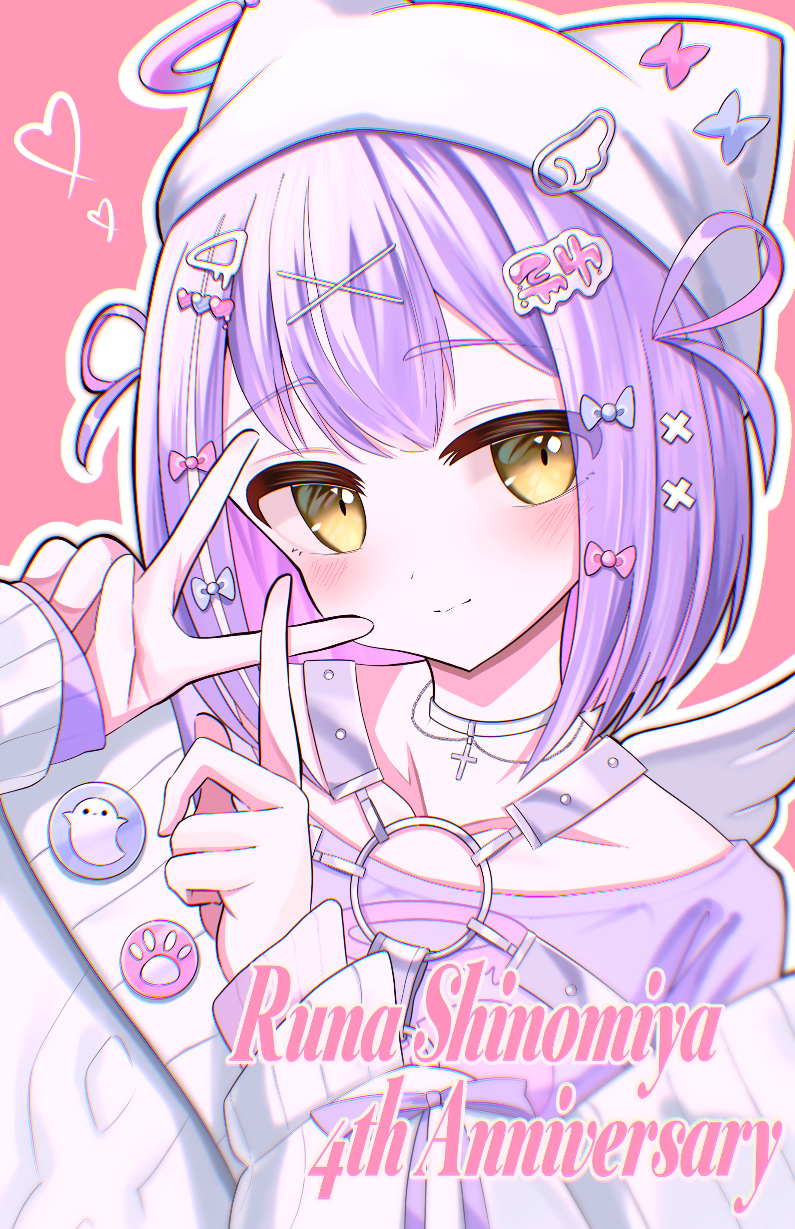 melomelo2468, shinomiya runa, shinomiya runa (4th costume), vspo!, absurdres, commentary request, highres, 1girl, animal hat, blush, cardigan, cat hat, character name, chest harness, choker, closed mouth, hair ornament, hairclip, harness, hat, heart, looking at viewer, outline, pink background, purple hair, purple shirt, shirt, solo, t-shirt, v, virtual youtuber, white cardigan, white choker, white hat, white outline, white wings, wings, x hair ornament, yellow eyes