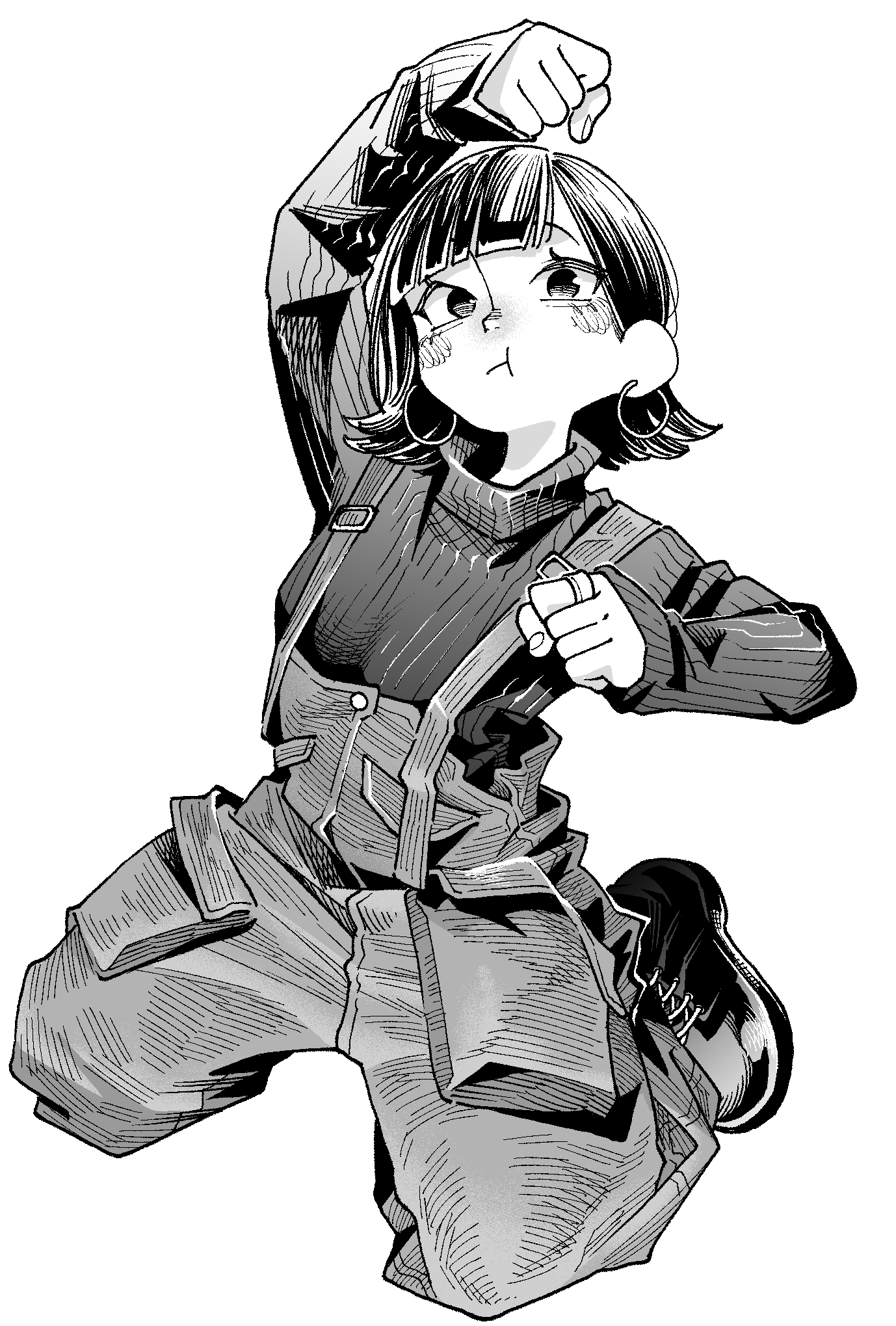 gavucchi, original, highres, 1girl, :t, arm up, blunt bangs, blush, boots, clenched hands, earrings, full body, greyscale, hair behind ear, hand up, hatching (texture), head tilt, hoop earrings, jewelry, kneeling, linear hatching, long sleeves, looking at viewer, monochrome, overalls, pants, pocket, pout, ribbed sweater, ring, short hair, simple background, sleeves past wrists, solo, suspenders, sweater, turtleneck, turtleneck sweater, white background