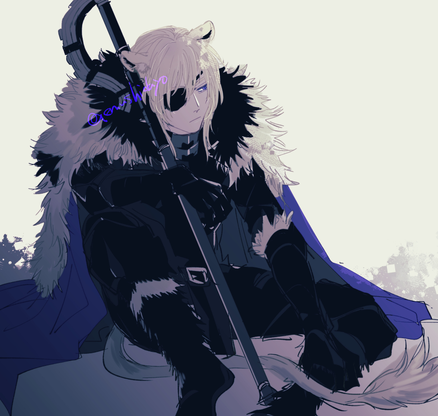 emushino, dimitri alexandre blaiddyd, dimitri alexandre blaiddyd (blue lion), dimitri alexandre blaiddyd (timeskip), fire emblem, fire emblem: three houses, fire emblem shadows, nintendo, commentary, symbol-only commentary, 1boy, :/, animal ears, areadbhar (fire emblem), armor, black armor, blonde hair, blue cape, boots, cape, closed mouth, eyepatch, fur-trimmed boots, fur-trimmed cape, fur trim, holding, holding polearm, holding weapon, invisible chair, kemonomimi mode, lion ears, lion tail, looking to the side, male focus, medium hair, one eye covered, polearm, sideways glance, sitting, solo, tail, weapon, white fur