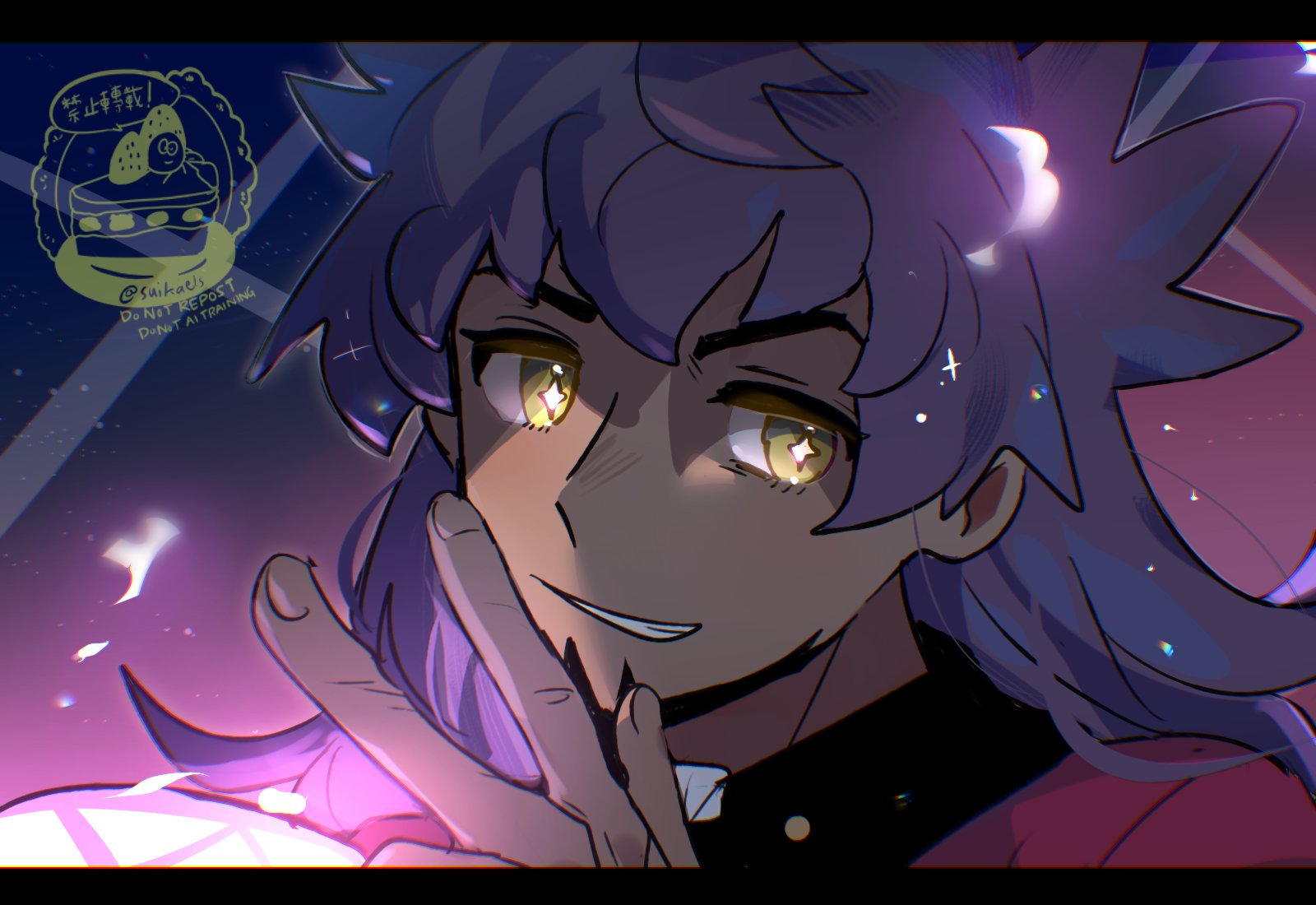 suikaels, leon (pokemon), nintendo, pokemon, pokemon swsh, highres, 1boy, black border, border, dark-skinned male, dark skin, facial hair, grin, long hair, looking at viewer, male focus, purple background, purple hair, simple background, smile, solo, star-shaped pupils, star (symbol), symbol-shaped pupils, upper body, w, yellow eyes