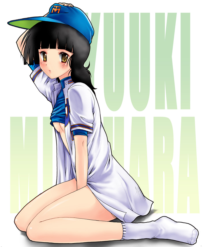 kakogawa tarou, mizuhara yuuki, baseball cap, black hair, blush, bottomless, dream ball, hat, long hair, sitting, socks, solo, turtleneck, yellow eyes