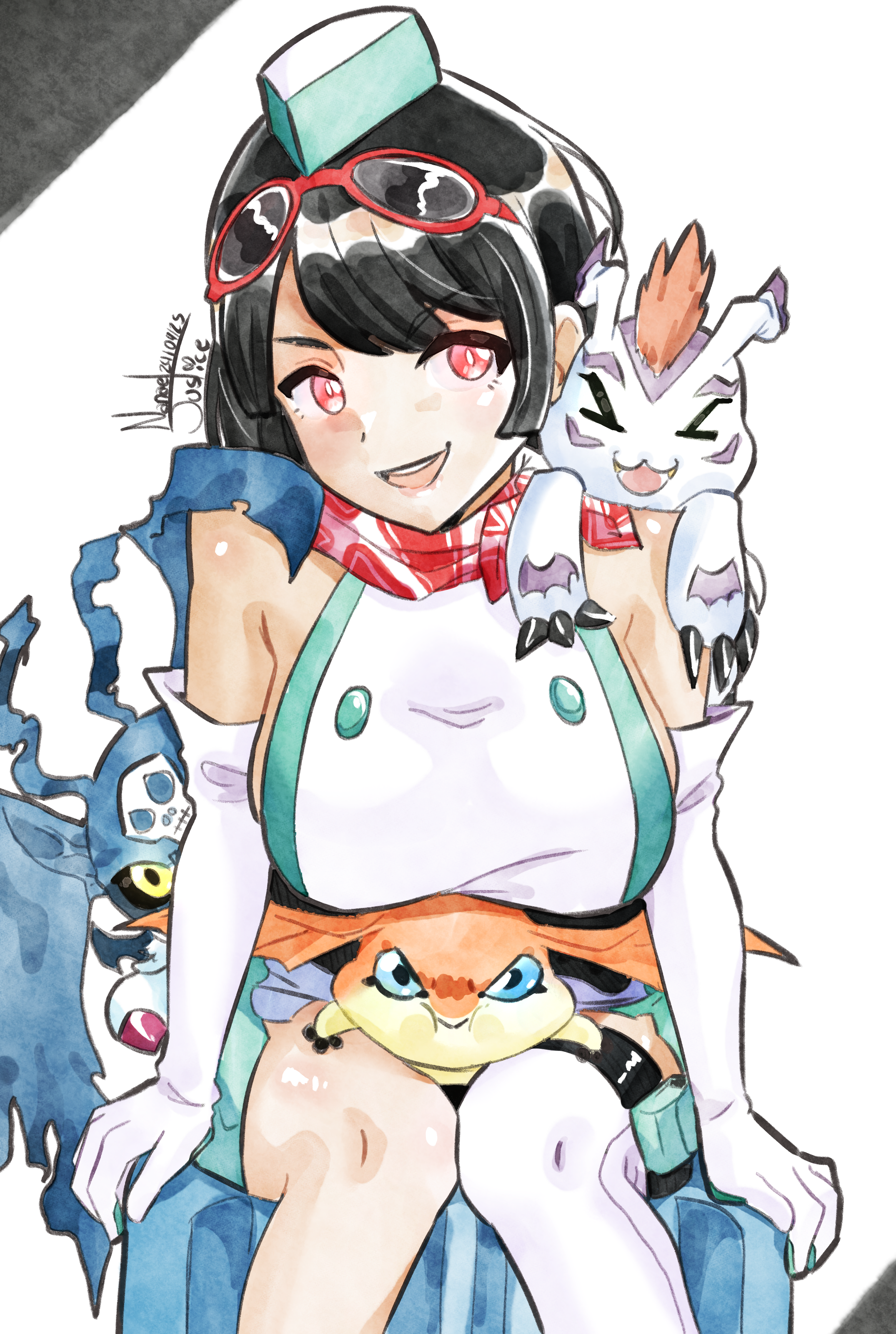 nanaeljustice, gomamon, patamon, picodevimon, yuuki kanan, digimon, digimon story: time stranger, absurdres, highres, 1girl, black hair, blue eyes, breast rest, breasts, breasts on head, digimon (creature), dress, gloves, goggles, goggles on head, green dress, green hat, group name, hat, large breasts, pout, red eyes, short hair, single thighhigh, sitting, thighhighs, white dress, white gloves, white thighhighs