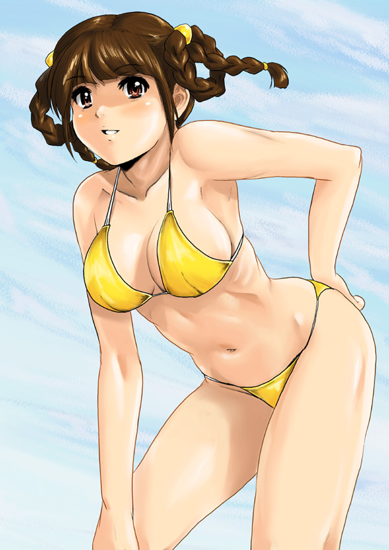 shu-z, lei fang, dead or alive, tecmo, 1girl, bikini, braid, female focus, leaning forward, shiny skin, solo, swimsuit, yellow bikini