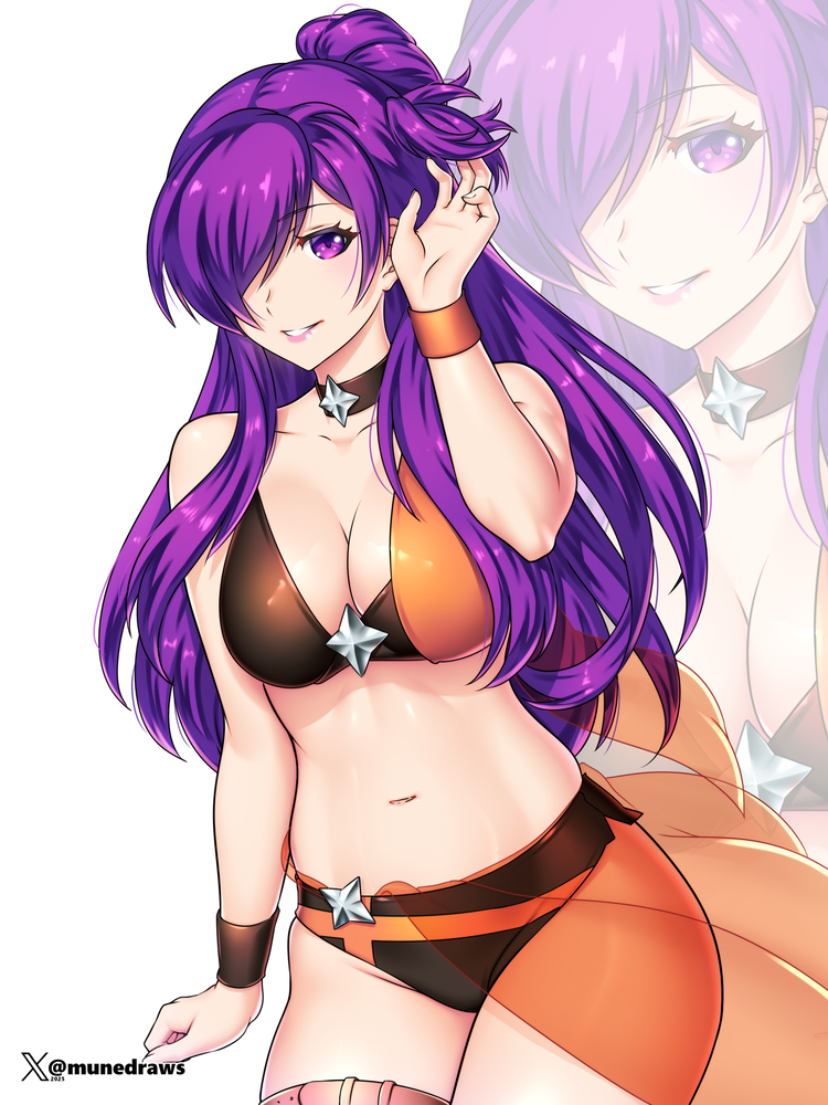 etchimune, female shez (fire emblem), female shez (summer) (fire emblem), fire emblem, fire emblem: three houses, fire emblem heroes, fire emblem warriors: three hopes, nintendo, commentary, commission, english commentary, 1girl, bare arms, bare shoulders, bikini, black bikini, black choker, breasts, choker, cleavage, collarbone, hair over one eye, large breasts, long hair, looking at viewer, navel, official alternate costume, open mouth, orange sarong, parted lips, purple eyes, purple hair, sarong, see-through clothes, see-through sarong, skindentation, smile, stomach, swimsuit, thigh strap, thighs, very long hair, zoom layer