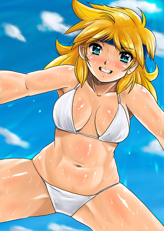 shu-z, lune zoldark, banpresto, super robot wars, super robot wars original generation, super robot wars the lord of elemental, 1girl, bikini, blonde hair, day, female focus, headband, hot, shiny skin, solo, sweat, swimsuit, white bikini