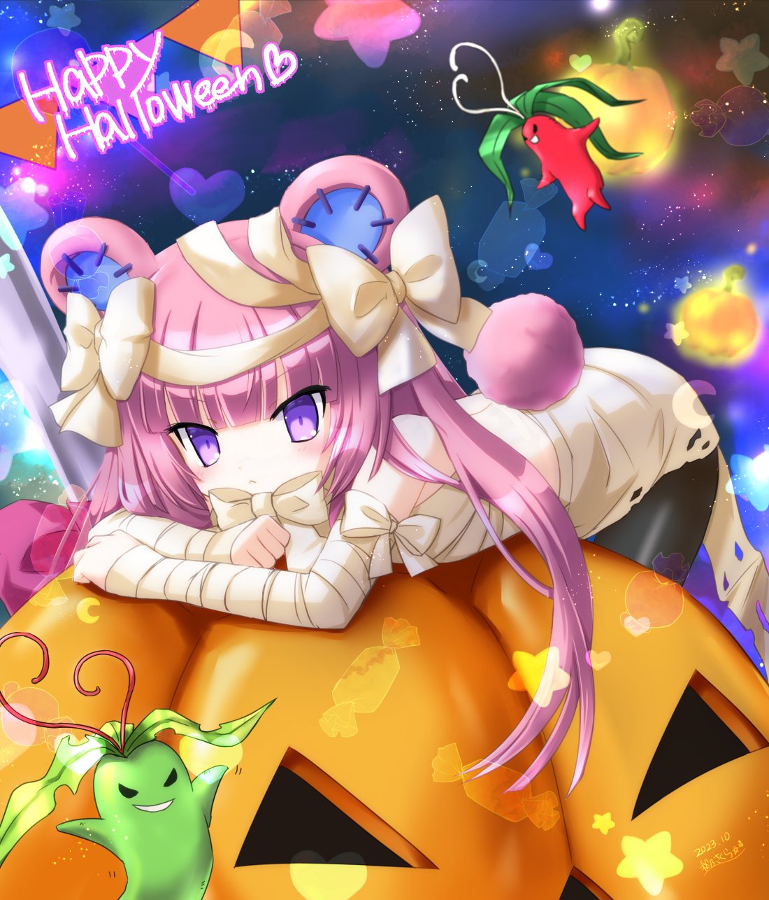 akino sakura, dumpty alma, emil chronicle online, highres, 1girl, alternate costume, animal ears, bandages, bear ears, bear girl, bike shorts, creature, food, hair ribbon, halloween, halloween costume, happy halloween, long hair, on pumpkin, pumpkin, purple eyes, purple hair, ribbon, two side up, vegetable, white ribbon