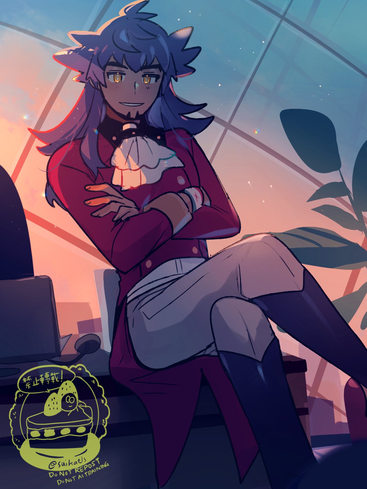 suikaels, leon (pokemon), nintendo, pokemon, pokemon swsh, highres, 1boy, ascot, black boots, blue background, boots, crossed arms, dark-skinned male, dark skin, facial hair, grin, jacket, long hair, looking at viewer, male focus, pants, purple hair, red jacket, simple background, sitting, smile, solo, upper body, white ascot, white pants, yellow eyes