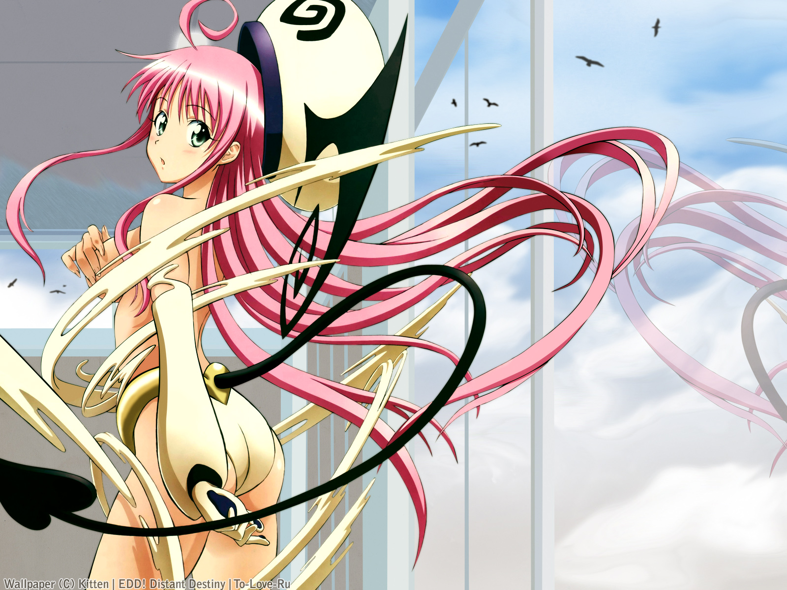 matsumura takuya, takami akio, lala satalin deviluke, peke (to love-ru), to love-ru, highres, official art, official wallpaper, 00s, 1girl, ass, female focus, henshin, long hair, pink hair, solo, tail, transformation, undressing, very long hair