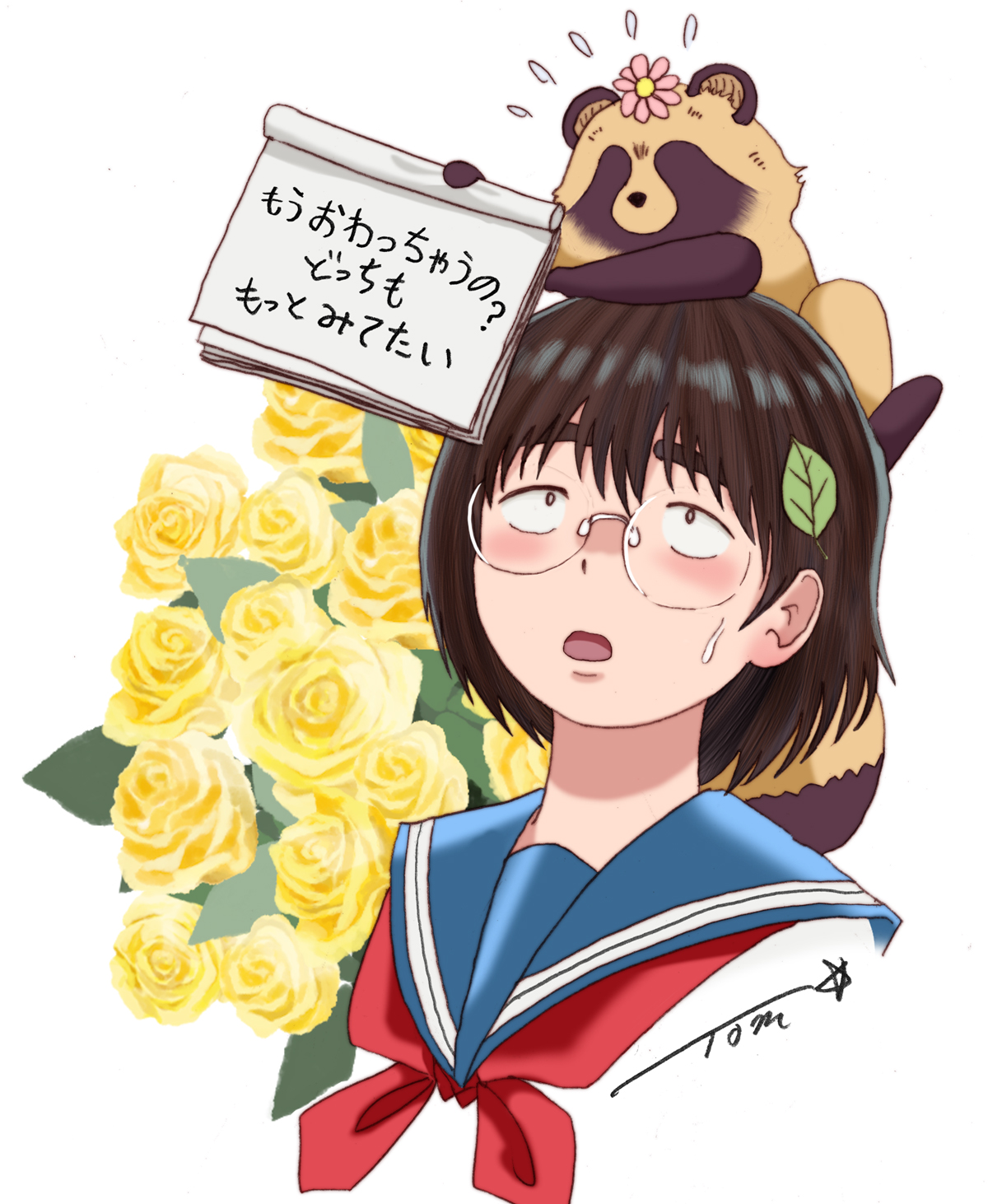 chutohampa, tanuki (ame to kimi to), ame to kimi to, highres, 1girl, animal, animal on head, blue sailor collar, brown hair, busu ni hanataba wo., flower, flower on head, glasses, hair ornament, holding, holding paper, leaf hair ornament, medium hair, neckerchief, on head, paper, red neckerchief, sailor collar, sweatdrop, tabata hana, tanuki, thick eyebrows, white background, yellow flower