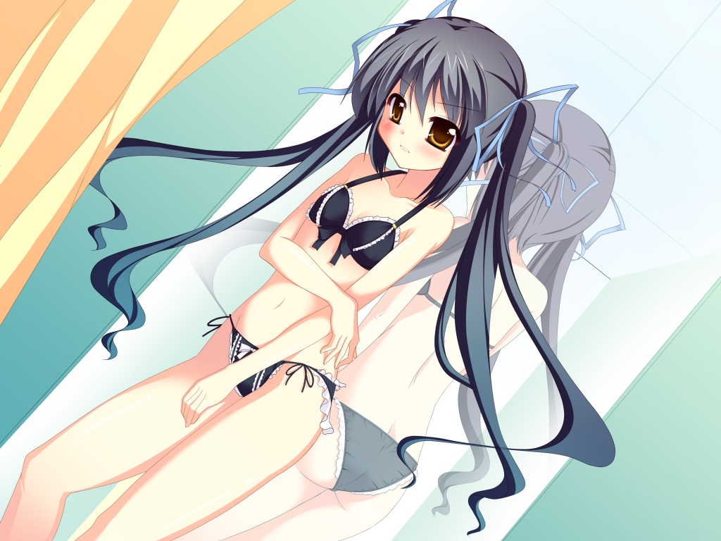 natsumiya yuzu, ao no yume, original, 1girl, black hair, black panties, bra, female focus, lingerie, long hair, mirror, panties, reflection, side-tie panties, solo, twintails, underwear, underwear only, very long hair, yellow eyes