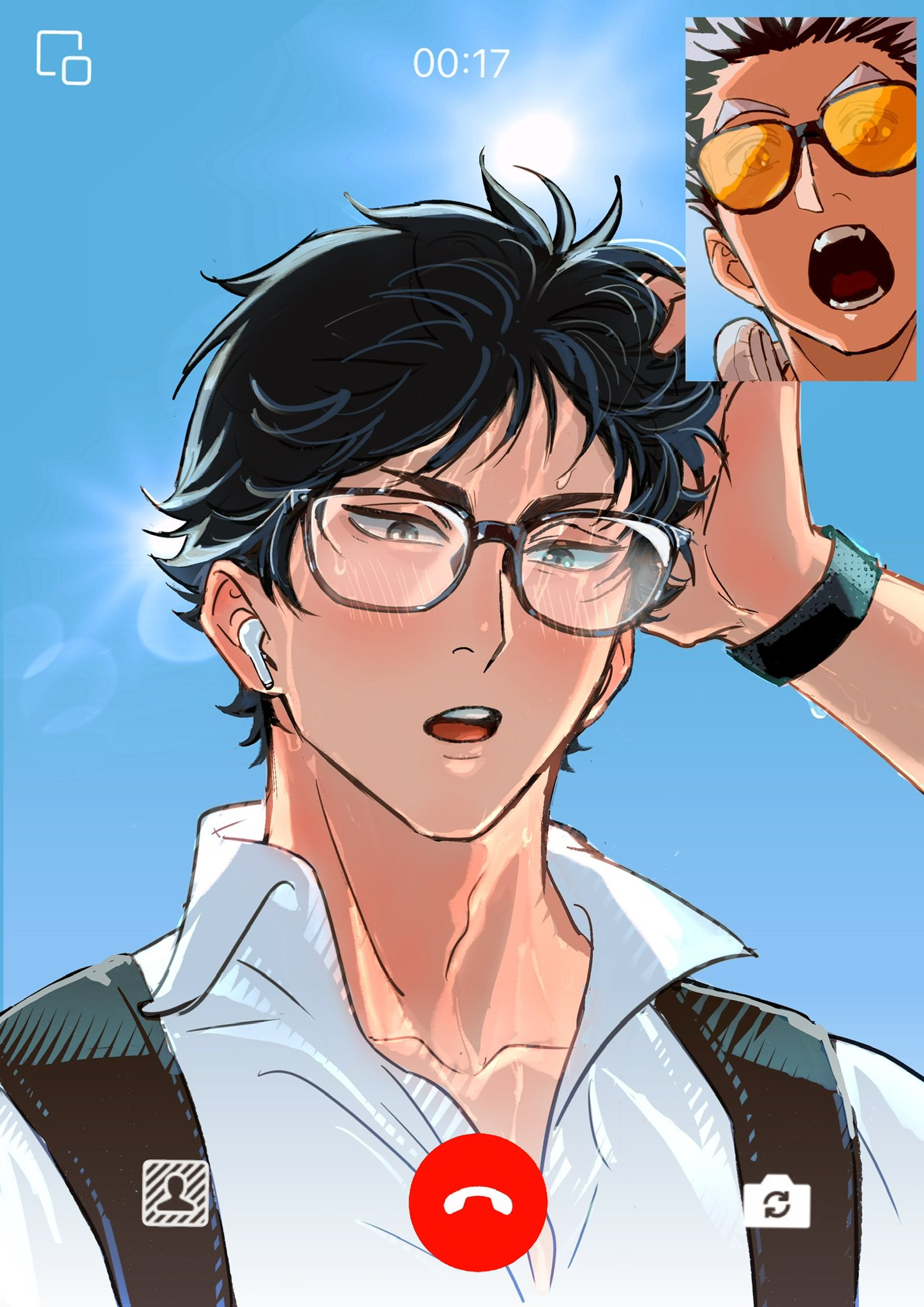 koukiki9, akaashi keiji, bokuto koutarou, haikyuu!!, commentary request, highres, 2boys, backpack, bag, black hair, collared shirt, from below, glasses, hand on own head, hot, male focus, multicolored hair, multiple boys, open mouth, shirt, short hair, sky, sun, sunlight, teeth, thick eyebrows, tinted eyewear, tongue, two-tone hair, upper body, video call, watch, white hair, white shirt, wireless earphones, wristwatch, yaoi, yellow-tinted eyewear