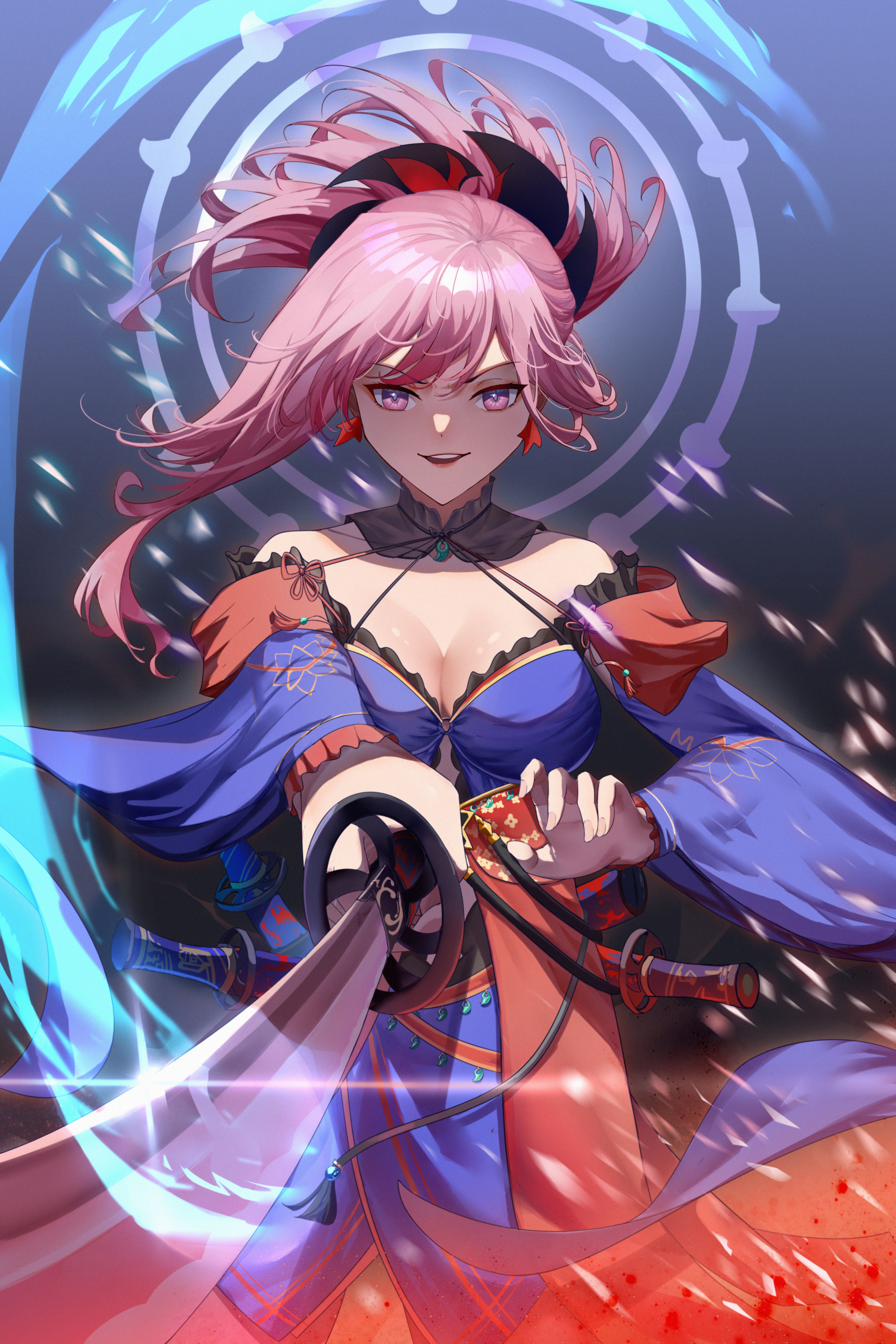 wuzoto, miyamoto musashi (fate), miyamoto musashi (third ascension) (fate), fate/grand order, fate (series), absurdres, chinese commentary, commentary, highres, 1girl, bare shoulders, blue kimono, breasts, cleavage, detached collar, earrings, floating hair, hair ornament, holding, holding sword, holding weapon, japanese clothes, jewelry, katana, kimono, large breasts, long hair, long sleeves, looking at viewer, obi, off shoulder, open mouth, pink eyes, pink hair, ponytail, sash, smile, solo, sword, teeth, upper teeth only, weapon