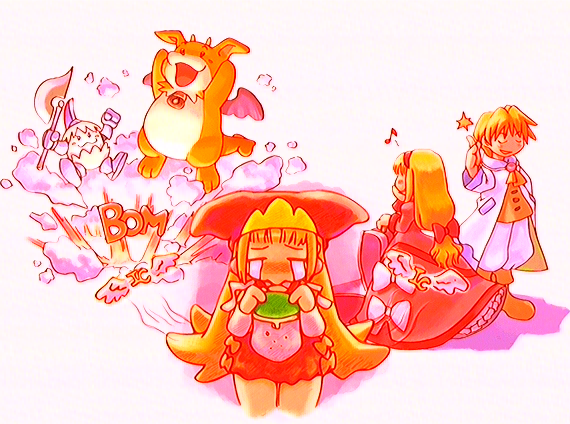 ryoji (nomura ryouji), cello (marl kingdom), crea rosenqueen, l-kun, princess kururu, little princess, marl kingdom, nippon ichi, 1boy, 2girls, axe, blonde hair, coat, dress, hat, long hair, multiple girls, pants, polearm, short hair, star (symbol), tears, weapon, wings