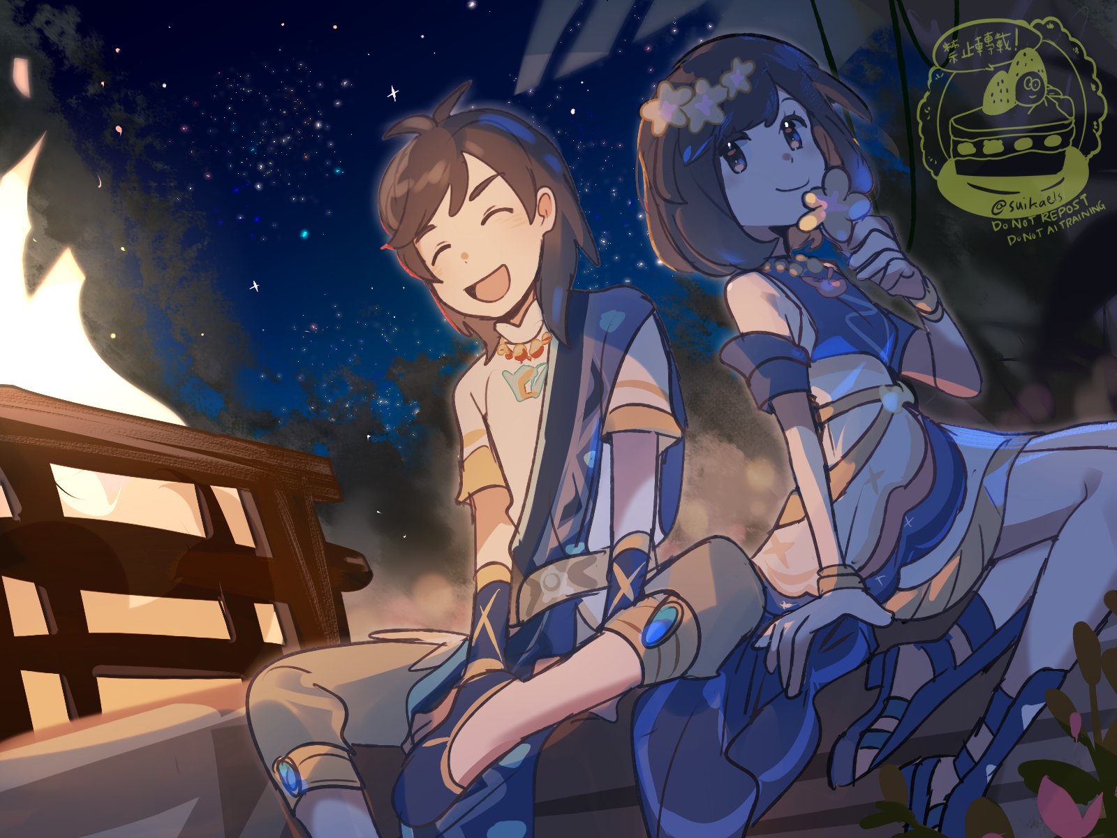 suikaels, elio (champion) (pokemon), elio (pokemon), selene (champion) (pokemon), selene (pokemon), nintendo, pokemon, pokemon masters ex, pokemon sm, highres, 1boy, 1girl, :d, bare shoulders, bead necklace, beads, black eyes, black hair, blue sash, closed eyes, dress, flower, flower on head, flower wreath, grey pants, jewelry, looking at viewer, necklace, night, night sky, official alternate costume, open mouth, outdoors, pants, sash, short hair, simple background, sitting, sky, sleeveless, sleeveless dress, smile, upper body, white dress, yellow flower