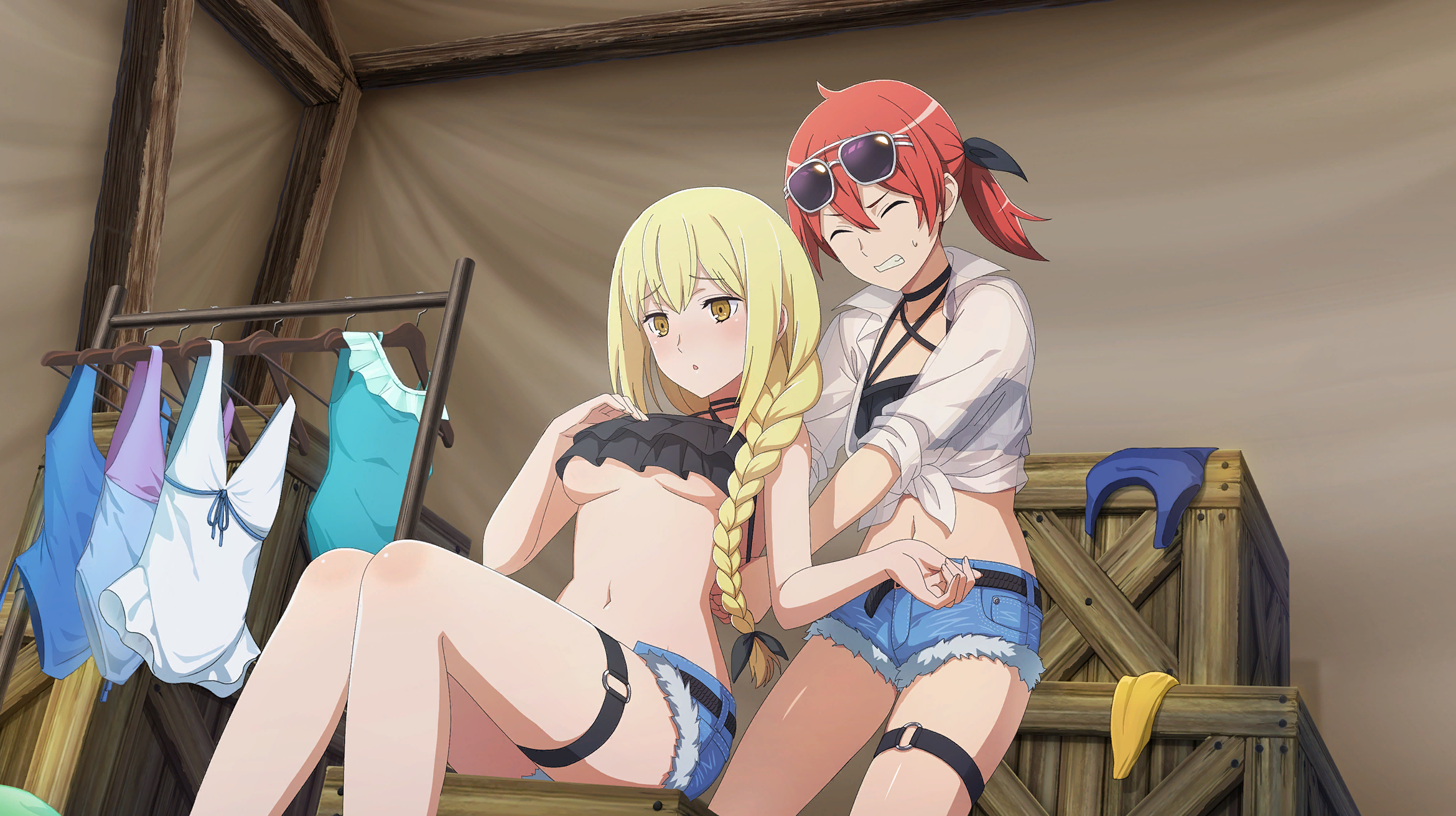 aiz wallenstein, loki (danmachi), danmachi battle chronicle, dungeon ni deai wo motomeru no wa machigatteiru darou ka, game cg, highres, non-web source, official art, 2girls, anime coloring, bare arms, belt, bikini, bikini top only, black belt, black bikini, black choker, black ribbon, blonde hair, blue shorts, breasts, choker, clenched teeth, closed eyes, crate, denim, denim shorts, eyewear on head, frilled bikini, frills, hair between eyes, hair over shoulder, hair ribbon, halterneck, hand on own chest, long hair, low-tied long hair, medium breasts, multiple girls, navel, official alternate costume, parted lips, ponytail, red hair, ribbon, see-through clothes, see-through shirt, shirt, short hair, shorts, sitting, standing, stomach, sunglasses, sweatdrop, swimsuit, teeth, thigh strap, tied shirt, tying, underboob, unworn swimsuit, white shirt, yellow eyes