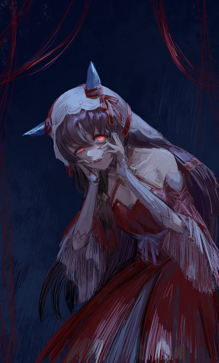 inishie kumo, still in love (scarlet vow raiment) (umamusume), still in love (umamusume), umamusume, highres, 1girl, animal ears, bare shoulders, breasts, cleavage, collarbone, dress, hair between eyes, half-closed eye, hands on own face, long hair, looking at viewer, off-shoulder dress, off shoulder, red dress, red eyes, red nails, solo, veil, white veil, wrist cuffs