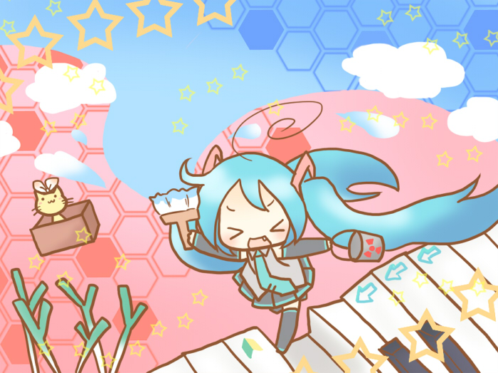sakuramori sumomo, hatsune miku, miracle paint (vocaloid), vocaloid, > <, 1girl, :d, ahoge, aqua hair, box, cat, closed eyes, detached sleeves, fang, female focus, instrument, long hair, necktie, open mouth, paint can, paintbrush, painting (action), piano, piano keys, smile, solo, spring onion, thighhighs, trim brush, twintails, xd