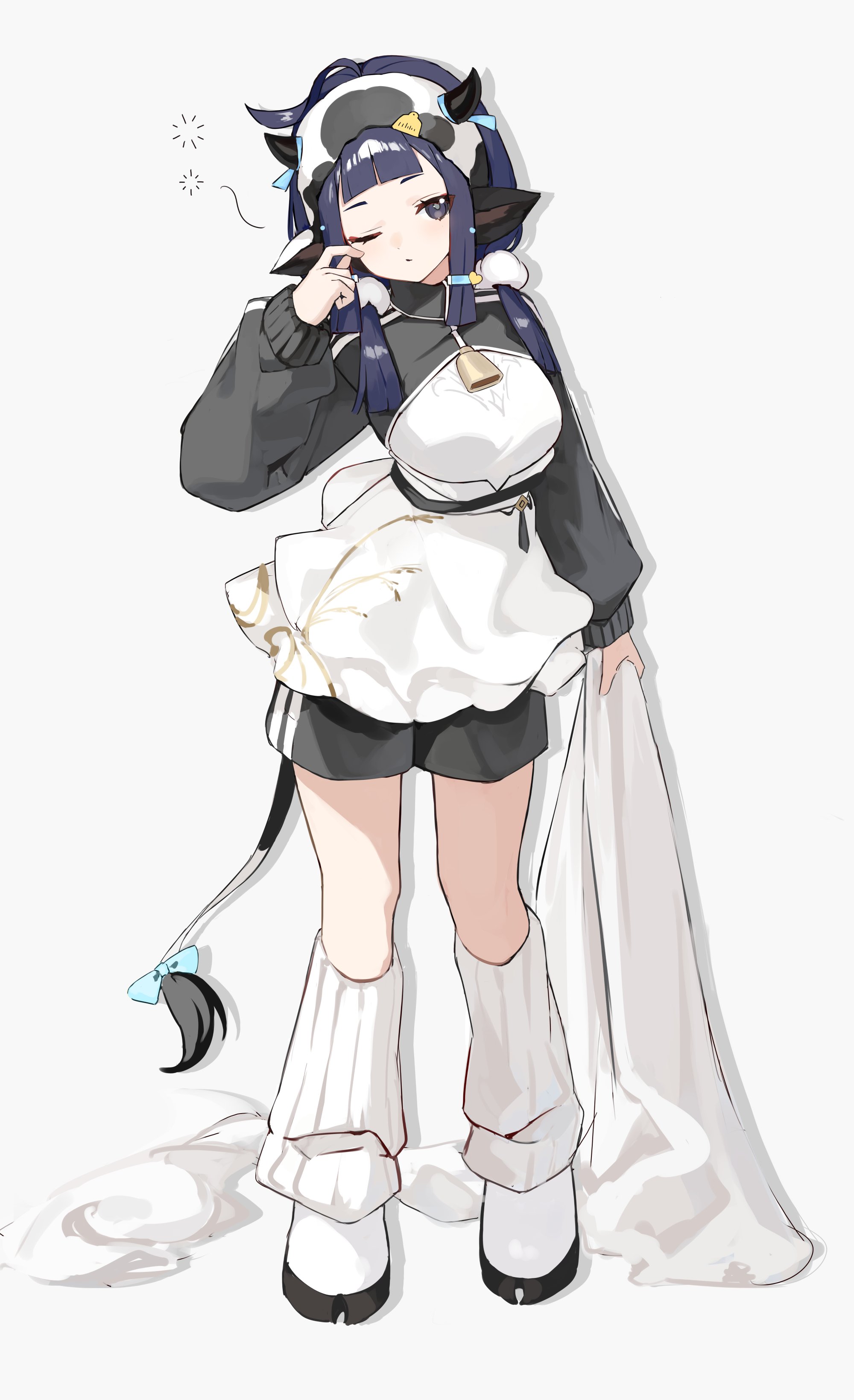 shiro wa (shiroshironix), original, absurdres, commentary request, highres, 1girl, animal ears, aqua bow, arm up, bell, belt, black belt, black eyes, black shorts, black shrug, bow, closed mouth, cow ears, cow girl, cow horns, cow tail, dress, full body, hair ornament, hairclip, holding, holding towel, hooves, horns, long hair, looking at viewer, multicolored shorts, multicolored shrug, neck bell, one eye closed, purple hair, short shorts, shorts, shrug (clothing), simple background, solo, standing, tachi-e, tail, tail bow, tail ornament, towel, two-tone shorts, two-tone shrug, white background, white dress, white shorts, white shrug
