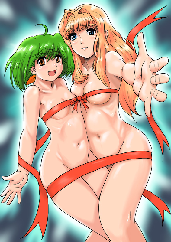 shu-z, ranka lee, sheryl nome, macross, macross frontier, 00s, 2girls, blonde hair, blue eyes, blush, breasts, brown eyes, female focus, green hair, large breasts, long hair, multiple girls, naked ribbon, nude, open mouth, ribbon, shiny skin, short hair, smile, yuri