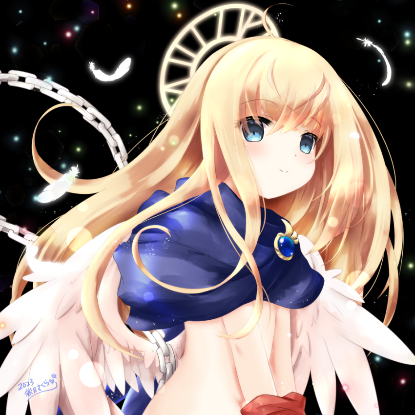 akino sakura, tita (eco), emil chronicle online, 1girl, bdsm, black background, blonde hair, blue eyes, blue scarf, chain, empty eyes, feathers, halo, long hair, no pants, no shirt, scarf, solo, white feathers, white wings, wings