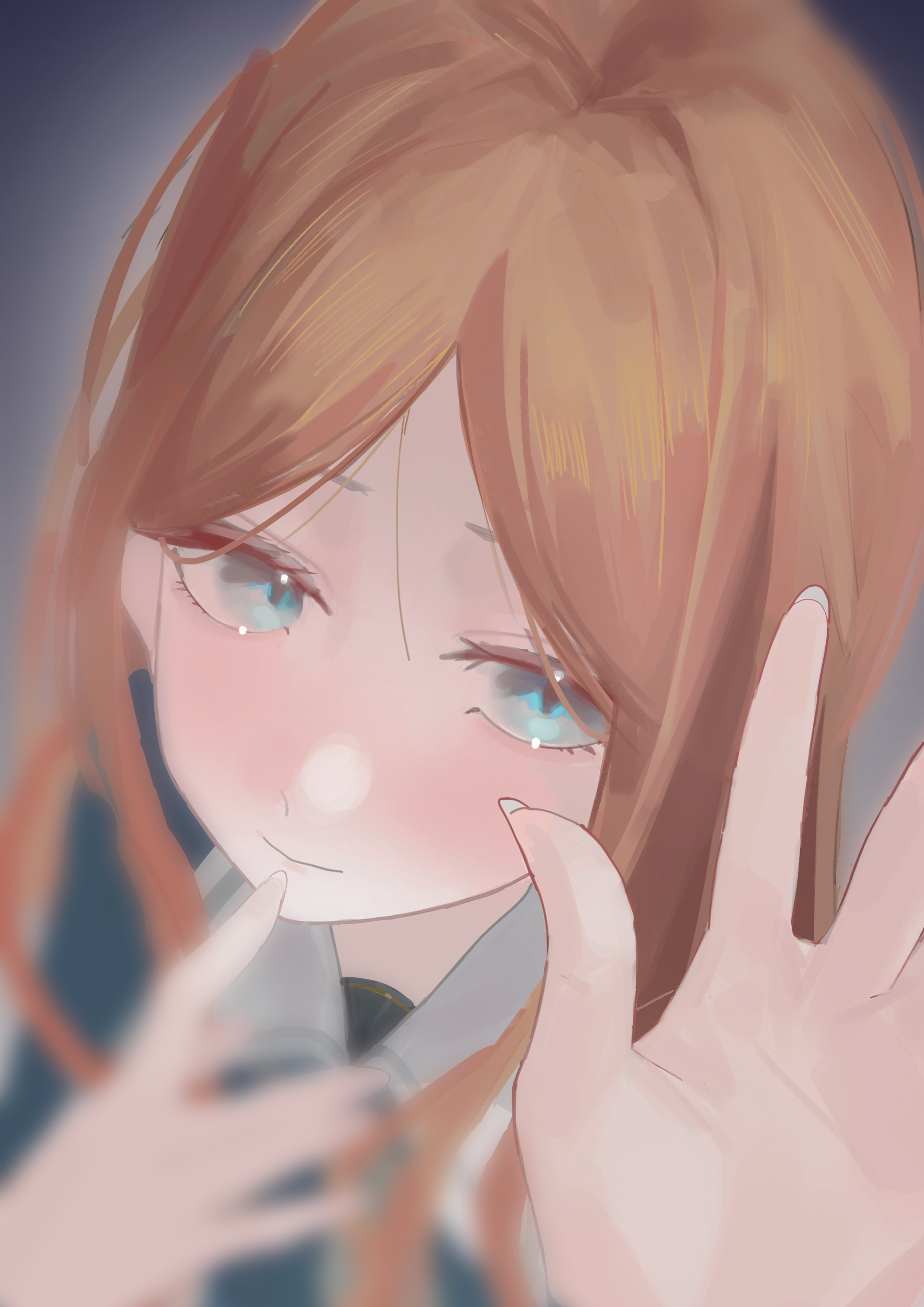 paplife, nagasaki soyo, bang dream!, bang dream! it's mygo!!!!!, absurdres, commentary, highres, symbol-only commentary, 1girl, aqua eyes, aqua shirt, blurry, brown hair, close-up, closed mouth, depth of field, from above, long hair, looking at viewer, parted bangs, shirt, solo